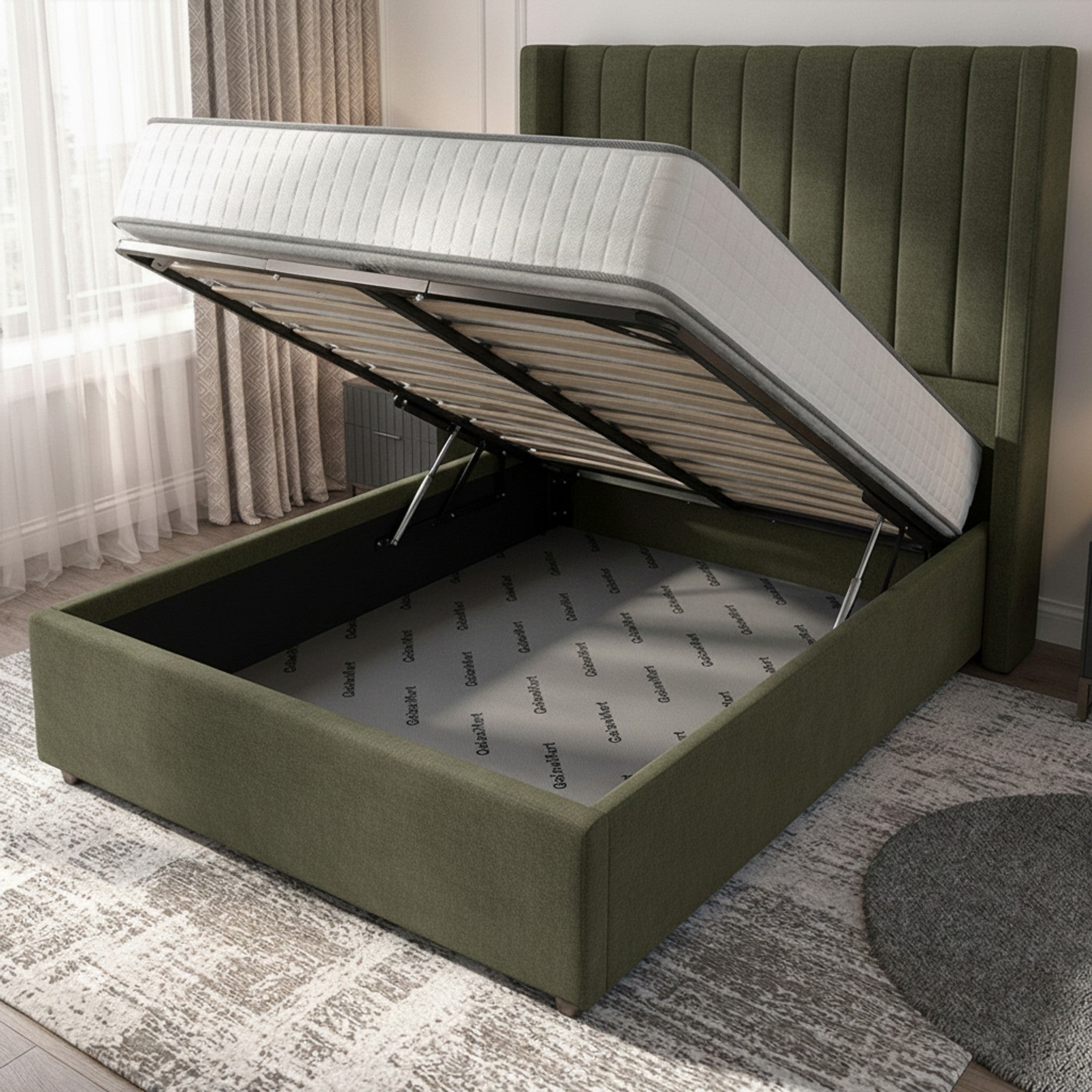 Carlton Olive Ottoman Bed with Gas-Lift Storage