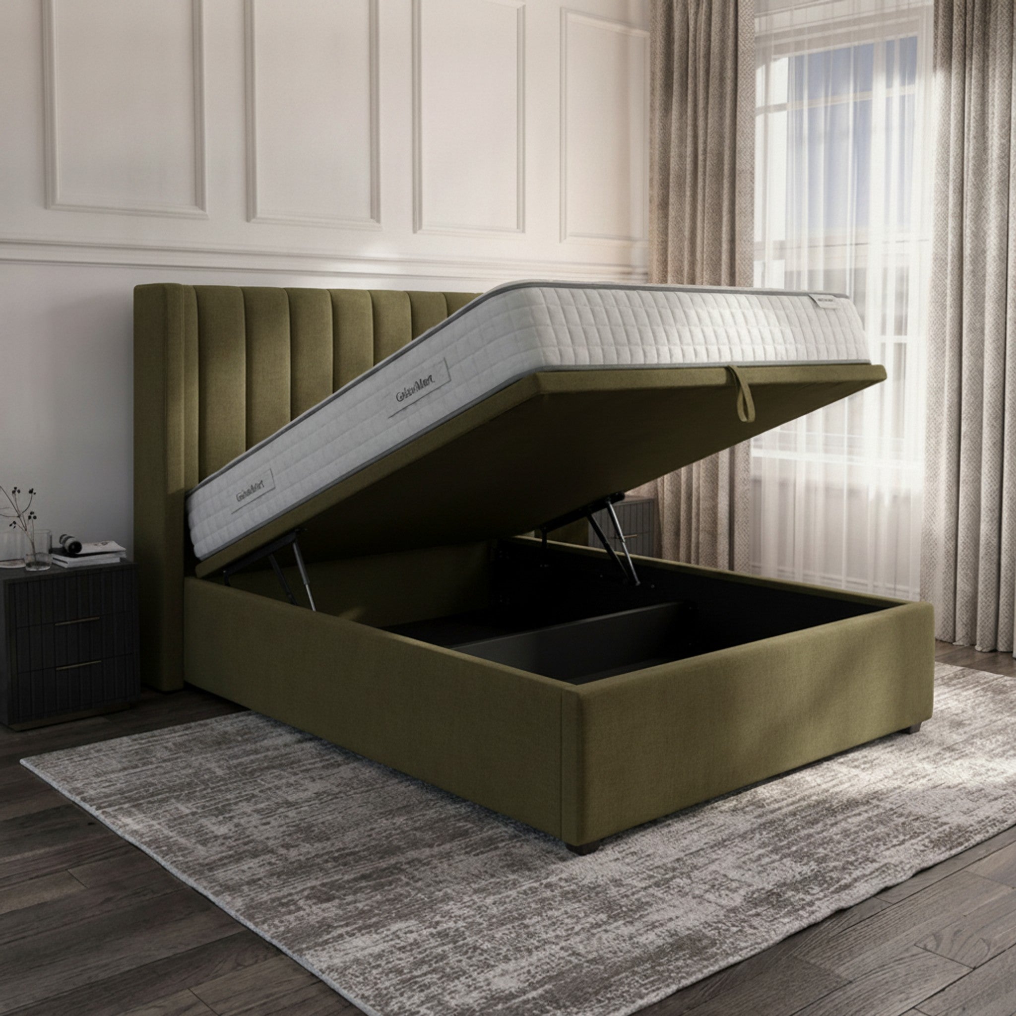 Carlton Olive Ottoman Bed with Gas-Lift Storage