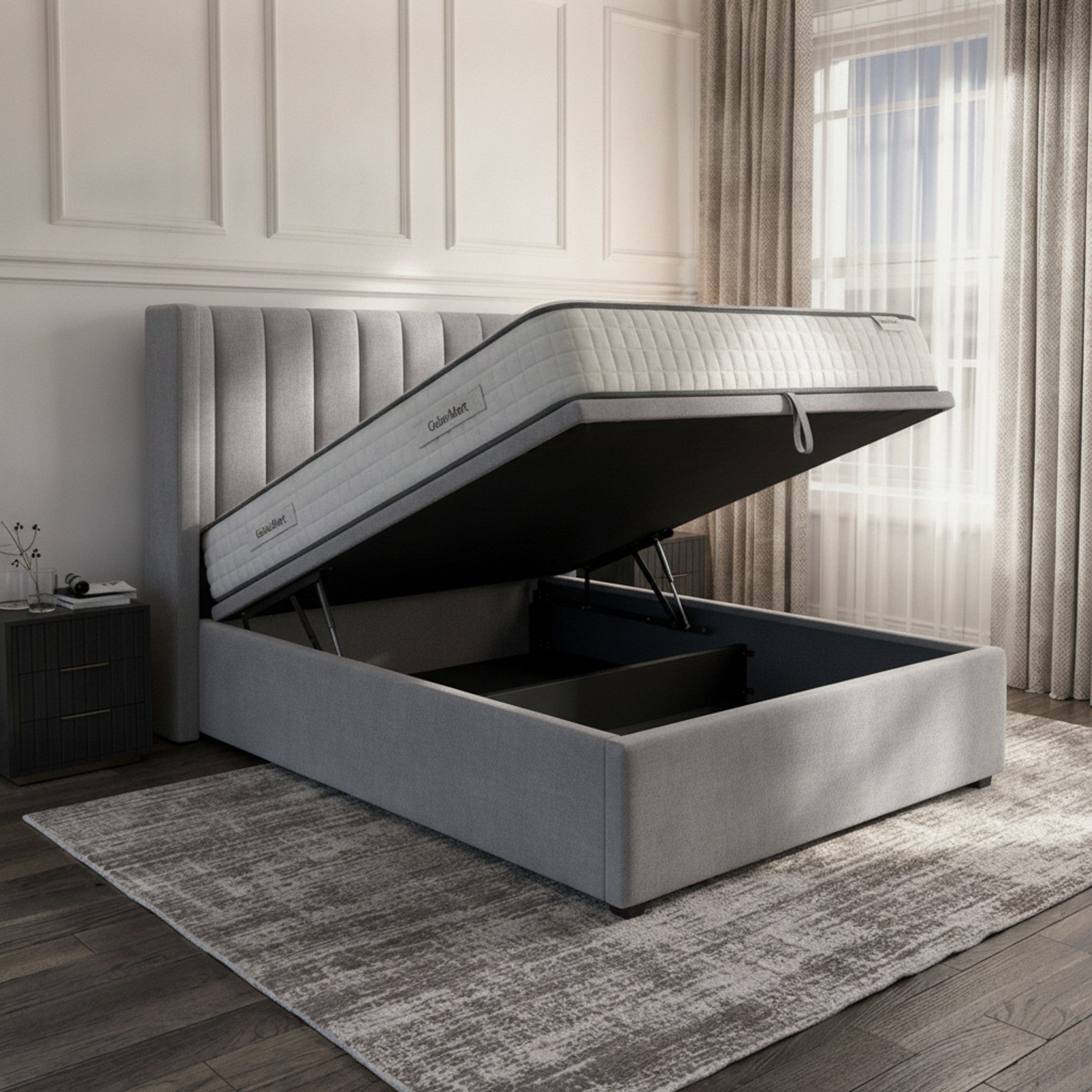 Carlton Silver Ottoman Bed with Gas-Lift Storage