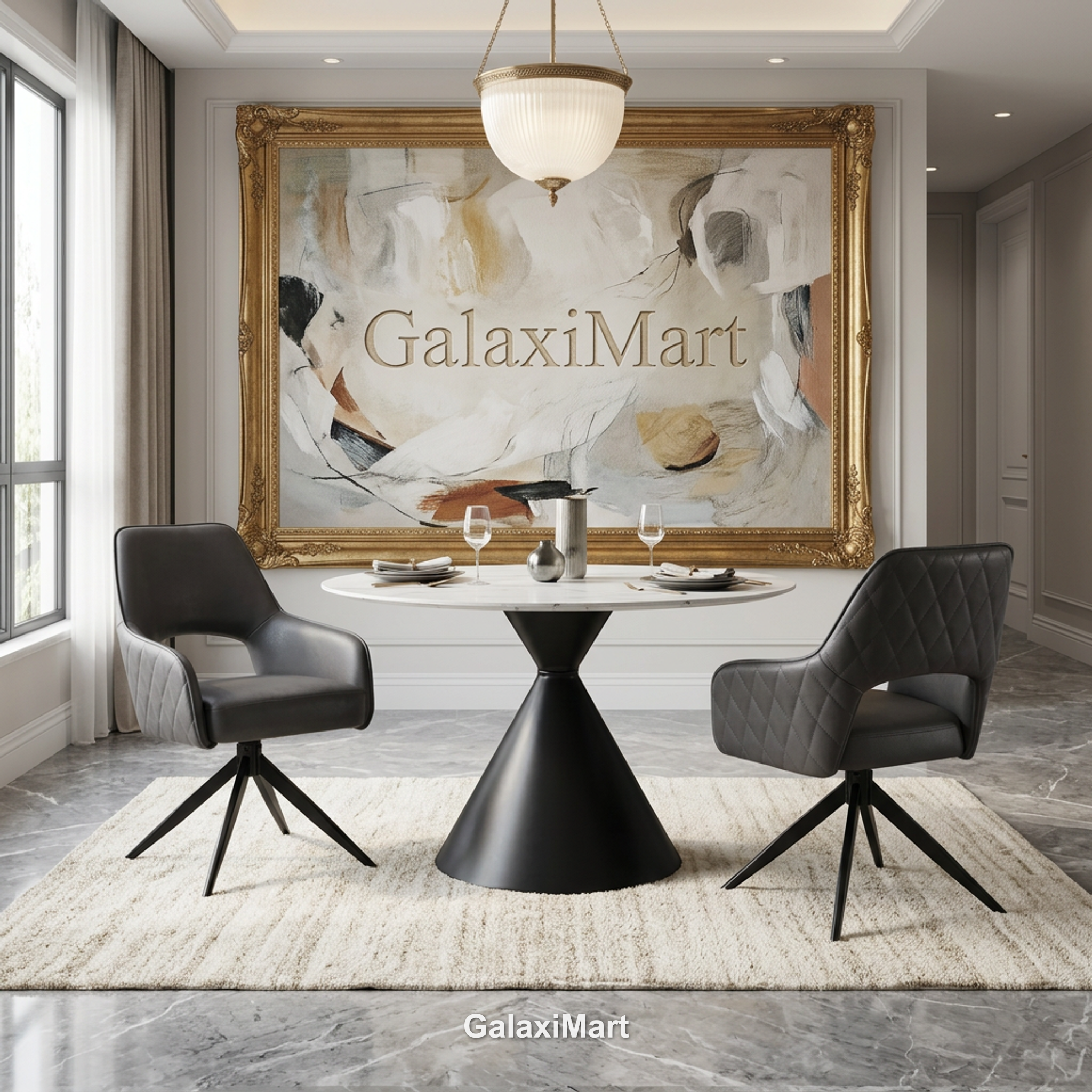Casa 120cm Black & White Round Dining Table with Enrica Swivel Dining Chairs