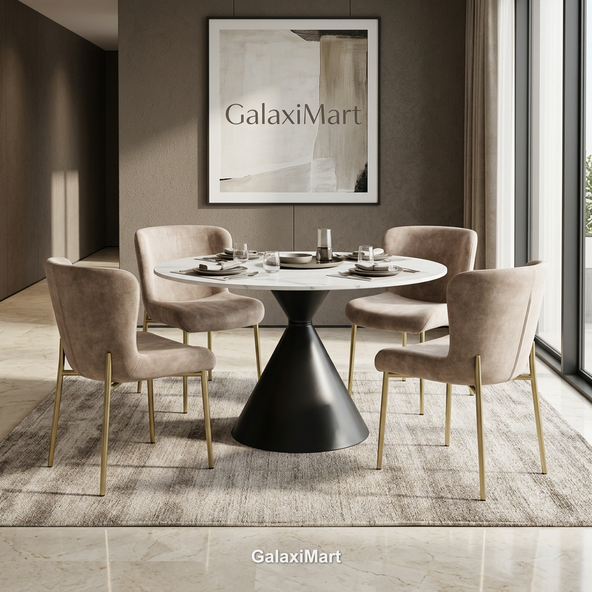 Casa 120cm Black & White Round Dining Table with Pietra Champagne Chairs