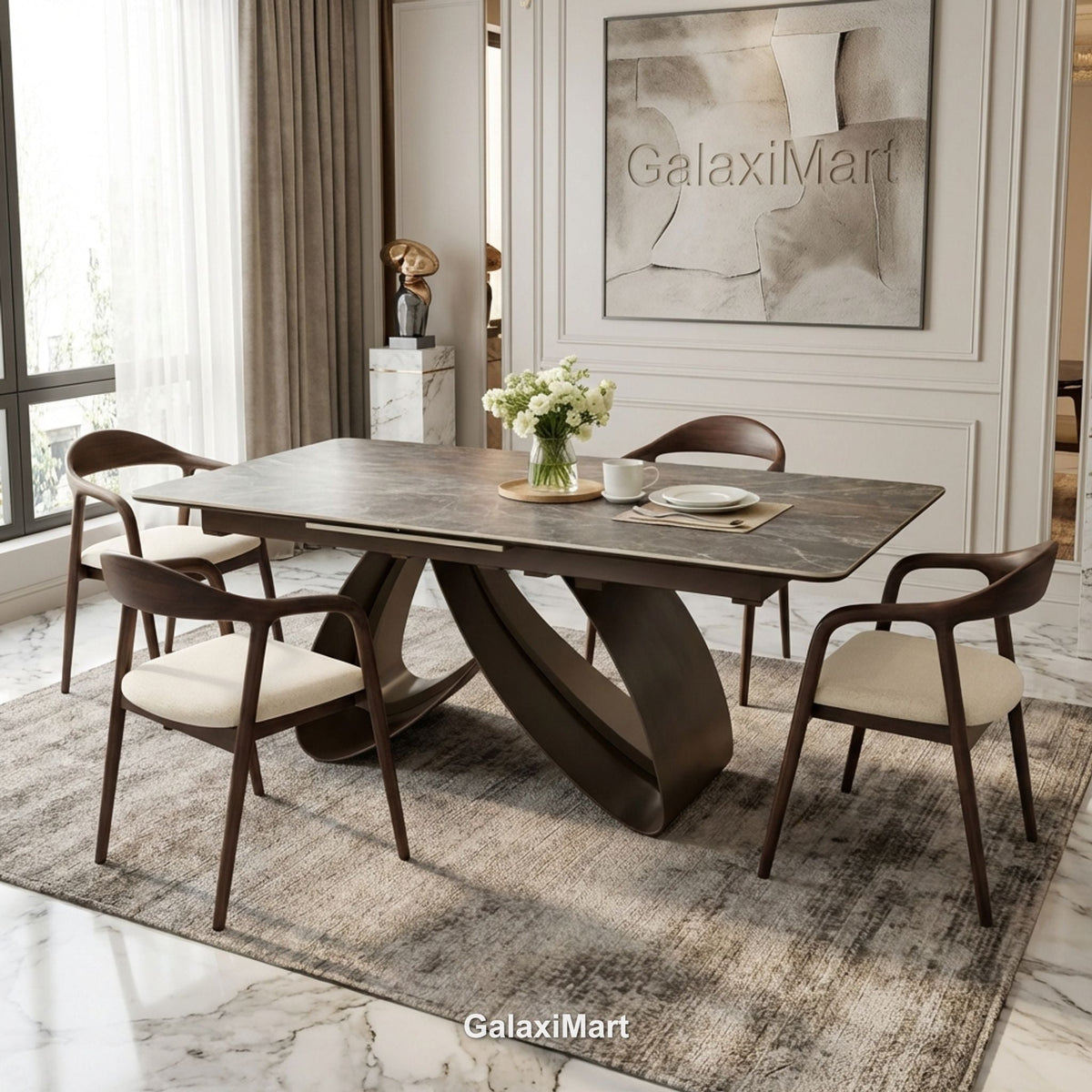 Cheshire 1.2-2m Ceramic Extending Dining Table Tess Walnut Chairs