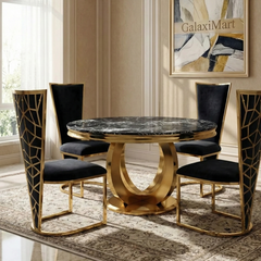 Chelsea 130cm Round Cream/Black with Gold Marble Table + 2/4 Vienna Gold Chairs