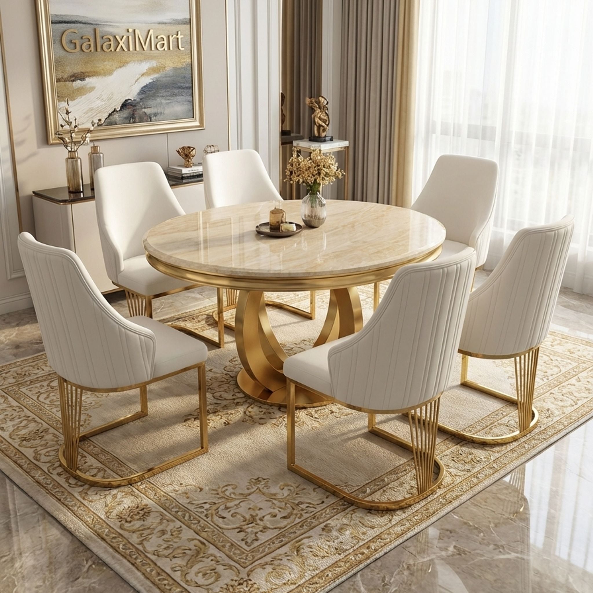 Chelsea 130cm Round Cream & Gold Marble Table + Lasco Cream Gold Chairs