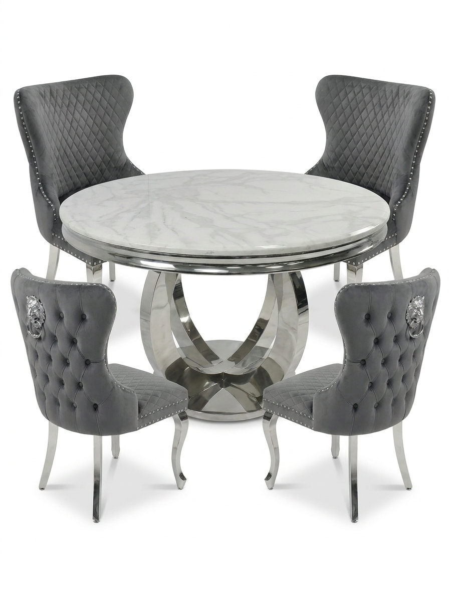Chelsea Round White Marble Dining Set - Valentino Grey Chairs