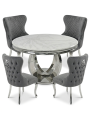Chelsea Round White Marble Dining Set - Valentino Grey Chairs