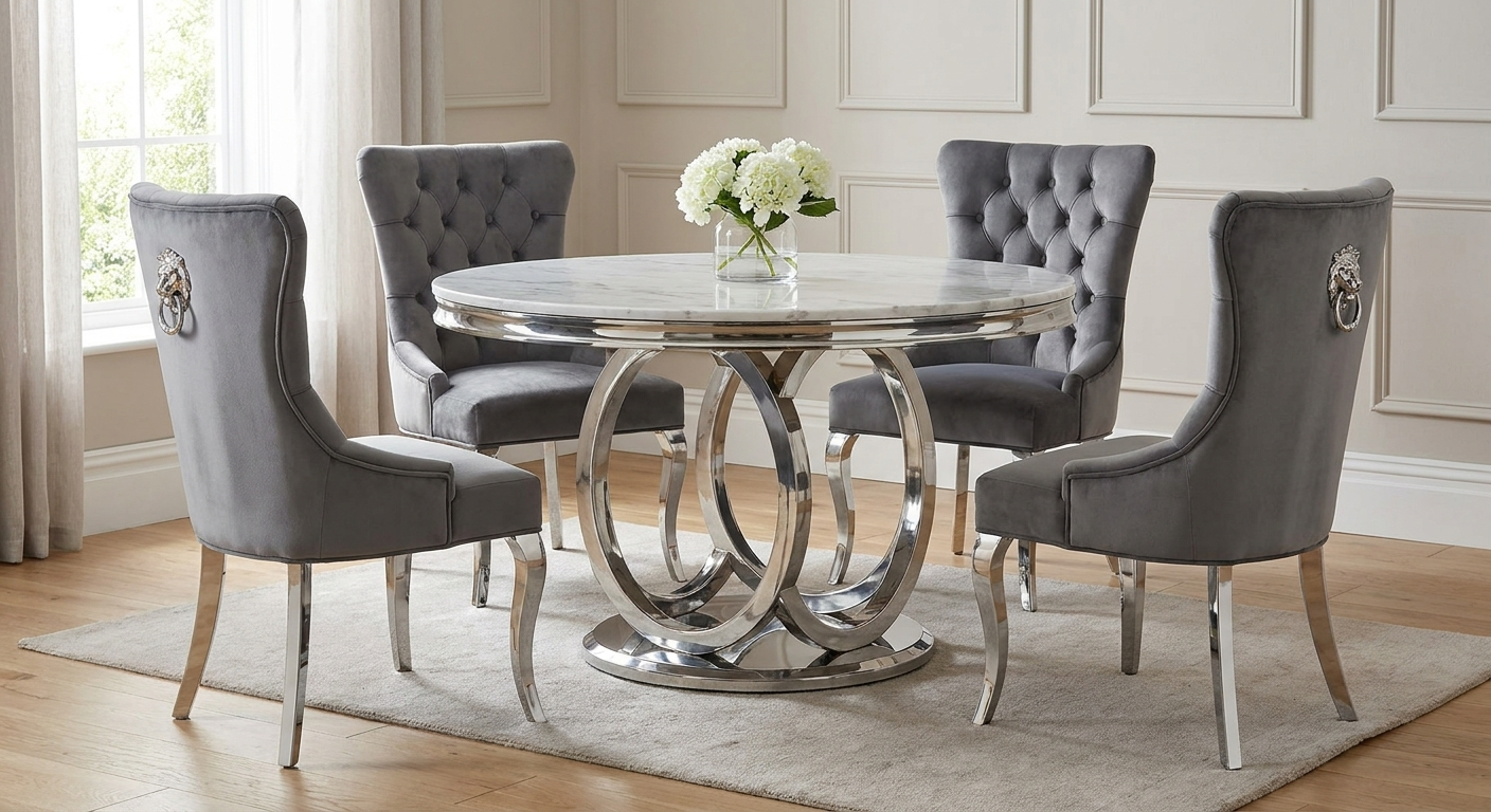 Chelsea Round White Marble Dining Set - Valentino Grey Chairs