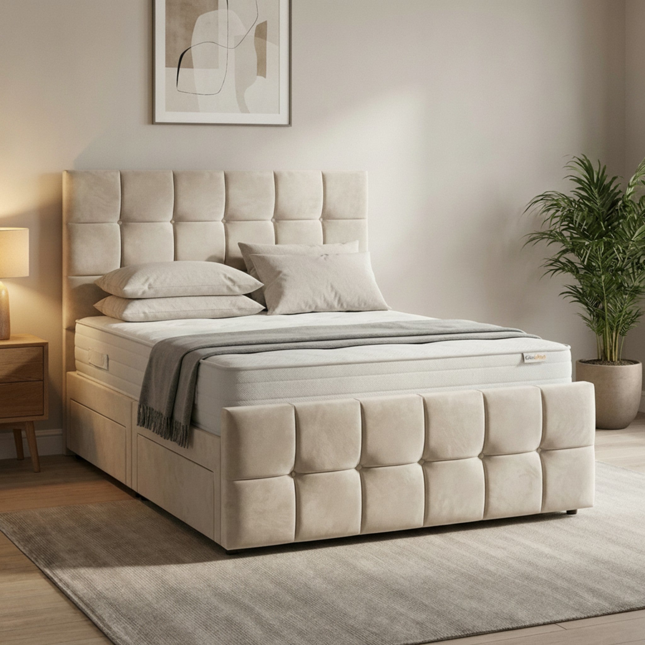 Cream Cube Divan Bed with Storage