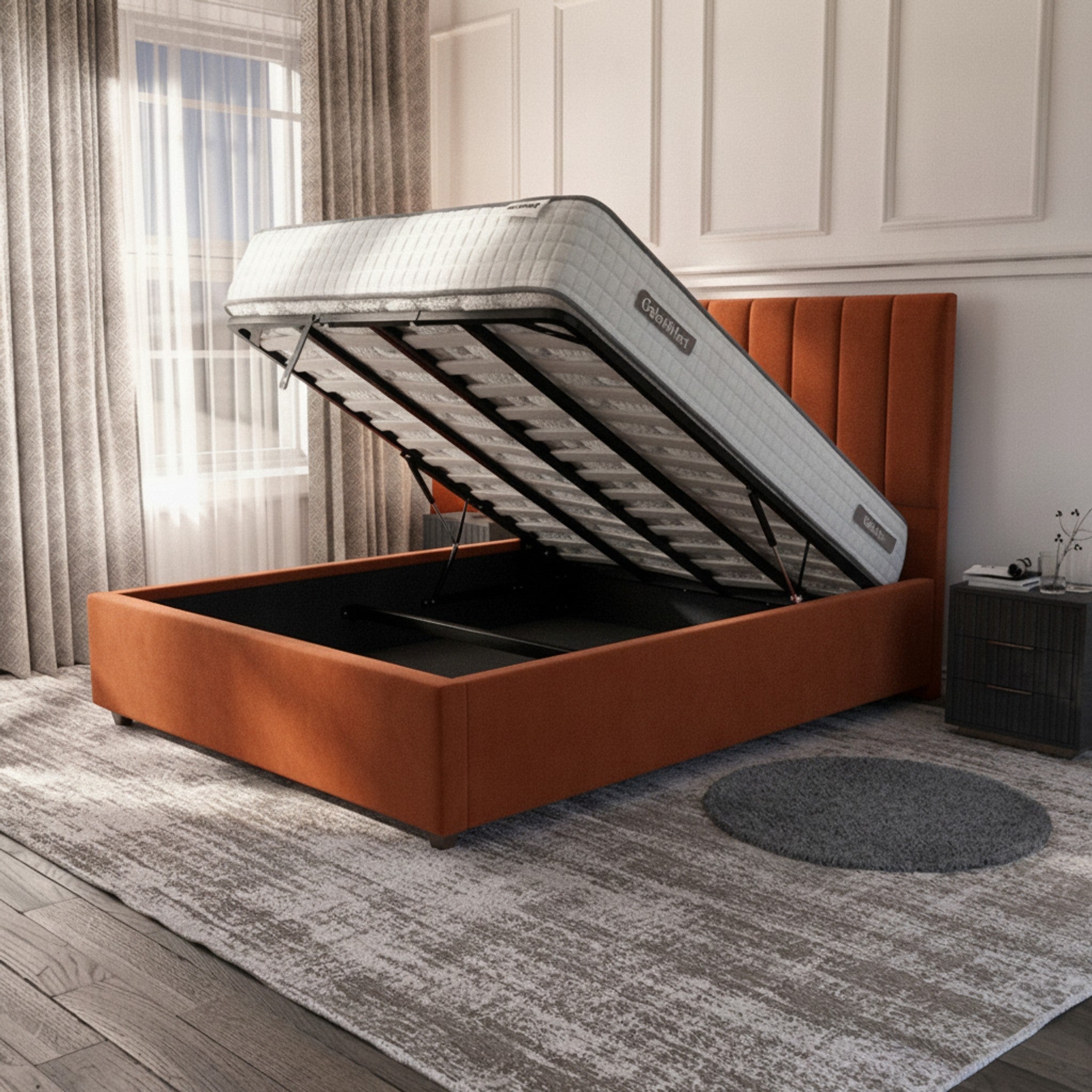 Burnt Orange Cubic Panel Ottoman Bed