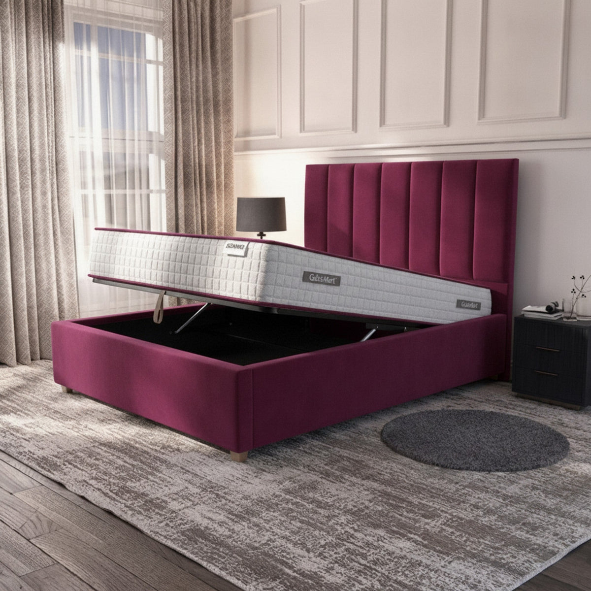 Cerise Cubic Panel Ottoman Bed