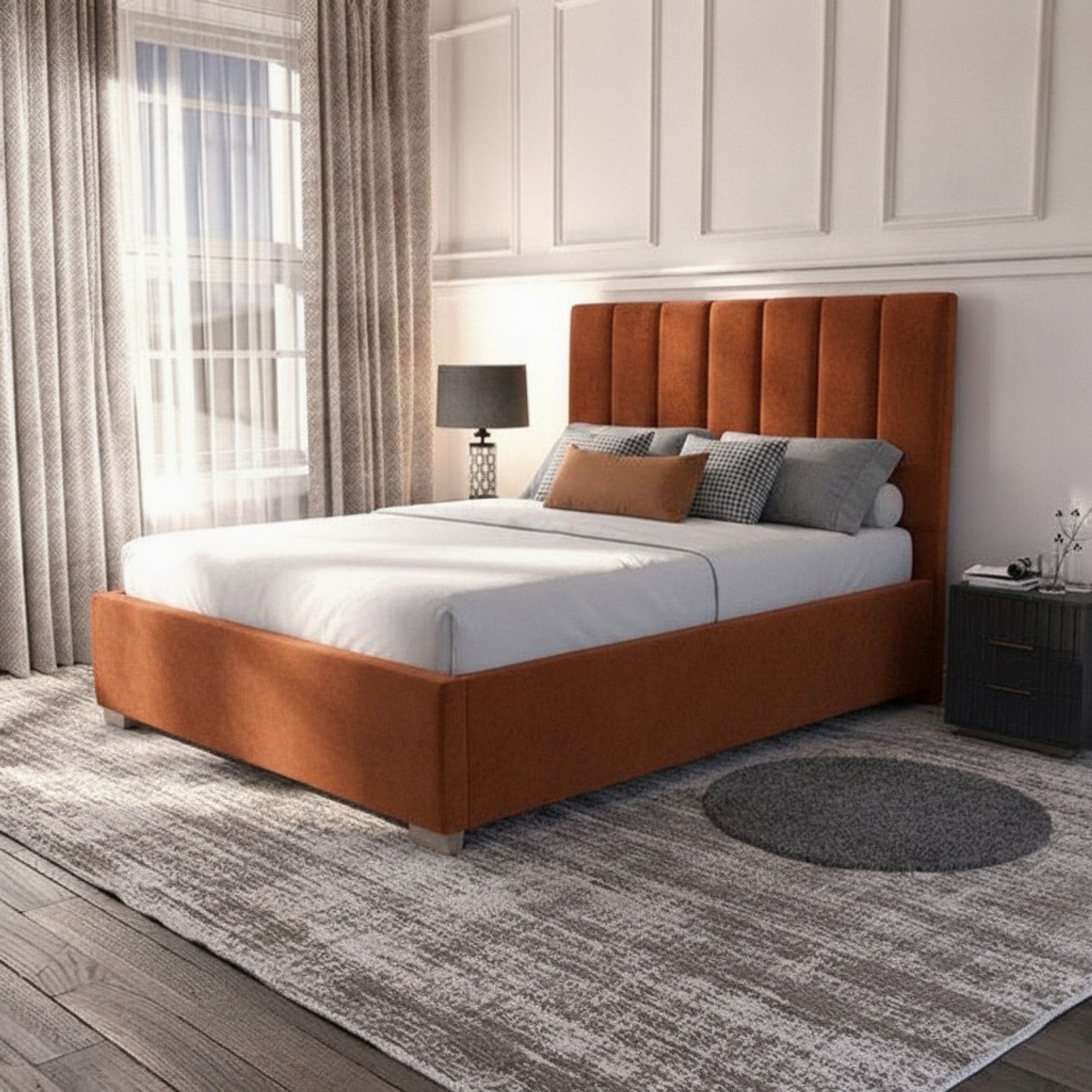 Burnt Orange Cubic Panel Ottoman Bed