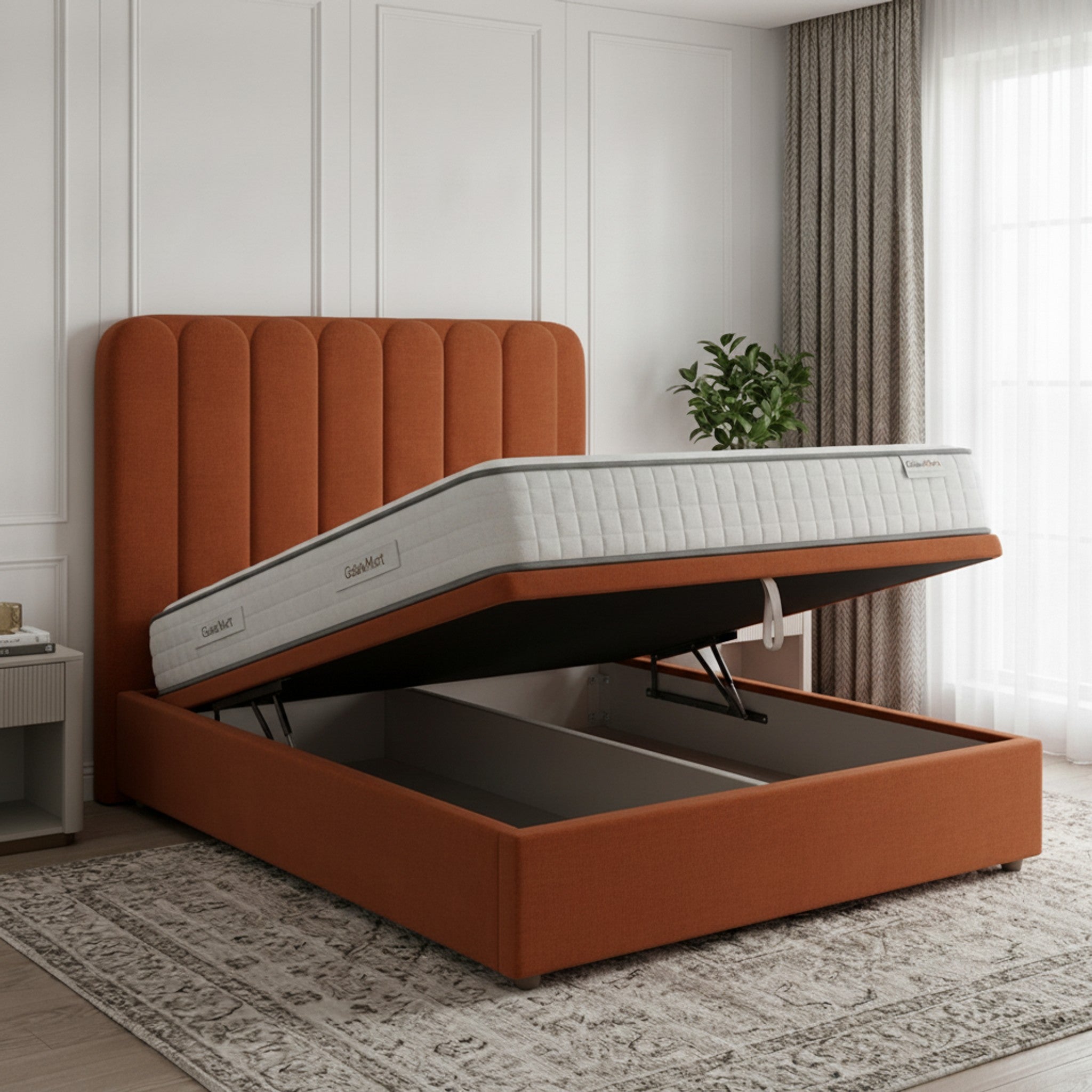 Burnt Orange Curb Plain Ottoman Bed with Storage