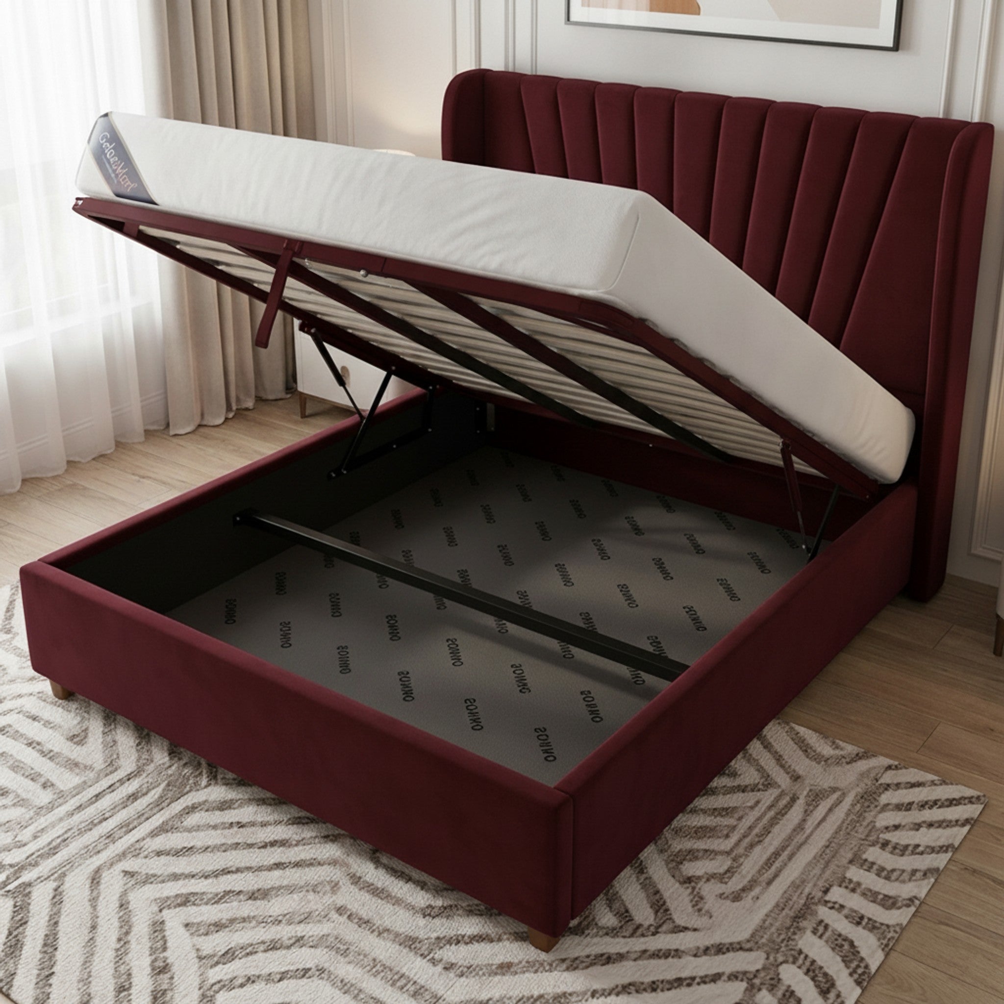 Claret Deco Panel Ottoman Bed | Luxurious Storage Bed