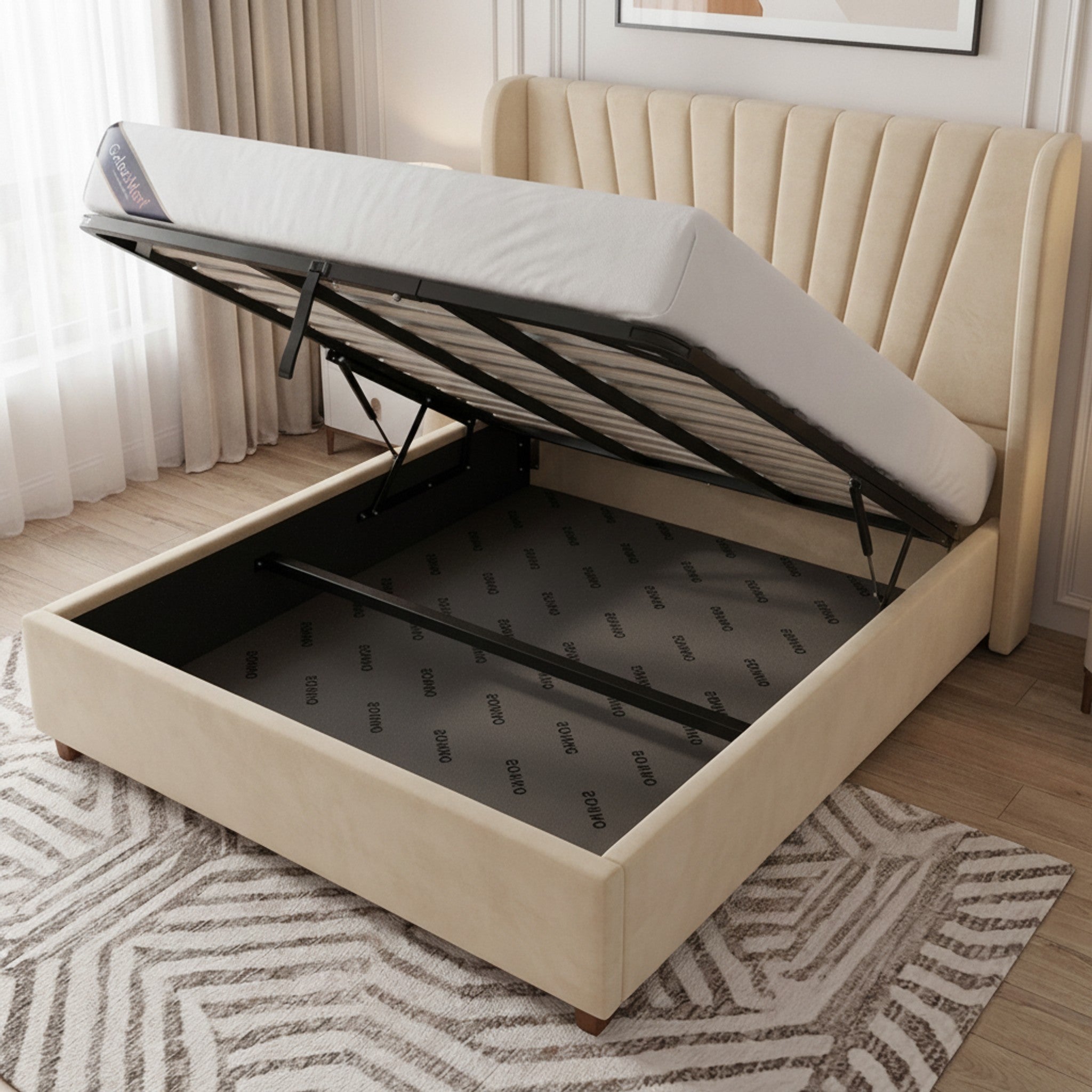 Cream Deco Panel Ottoman Bed with Gas-Lift Storage