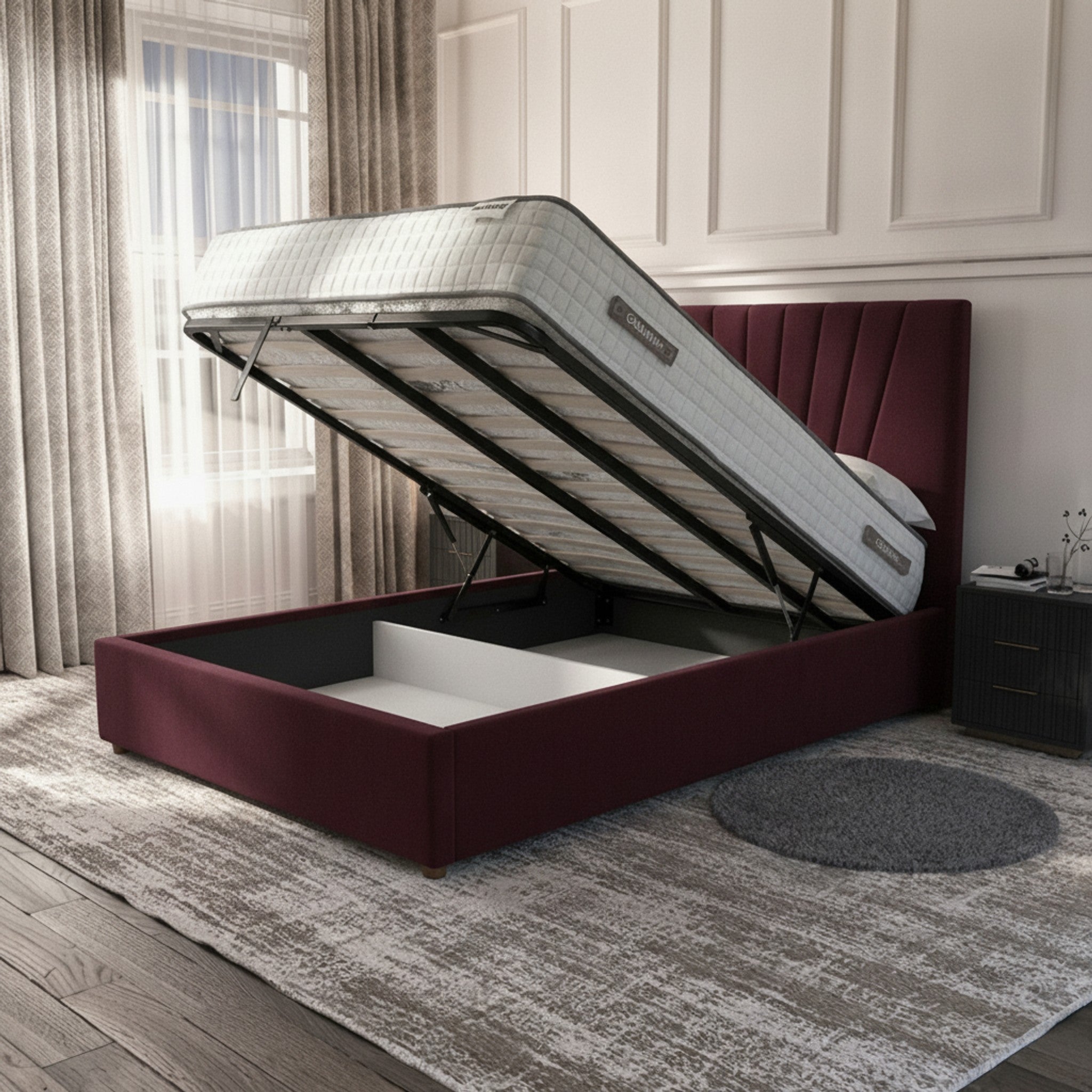 Claret Deco Panel Ottoman Bed | Luxurious Storage Bed