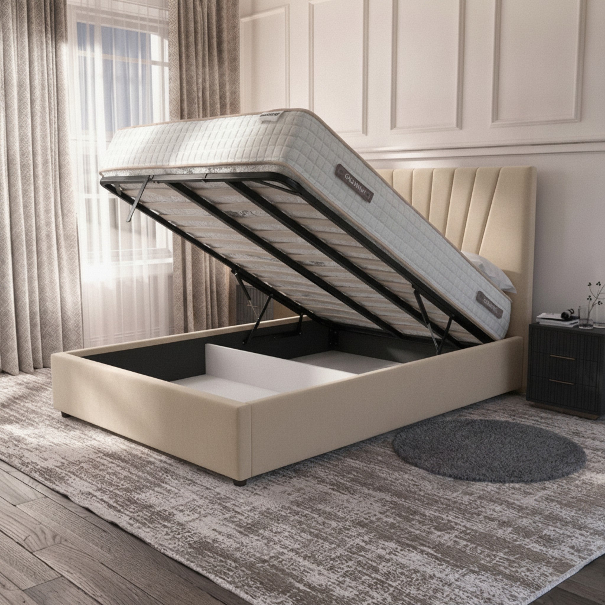 Cream Deco Panel Ottoman Bed with Gas-Lift Storage