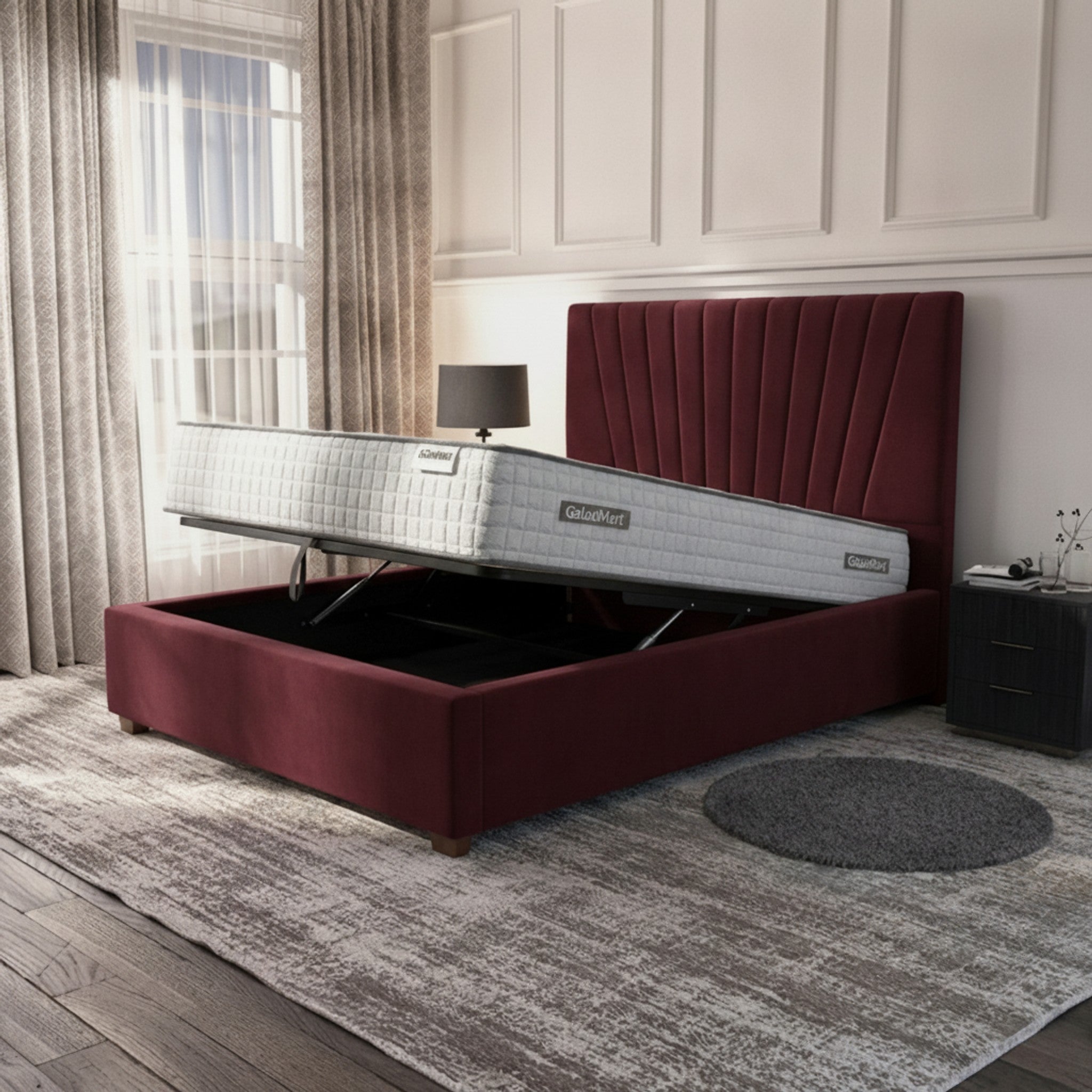 Claret Deco Panel Ottoman Bed | Luxurious Storage Bed