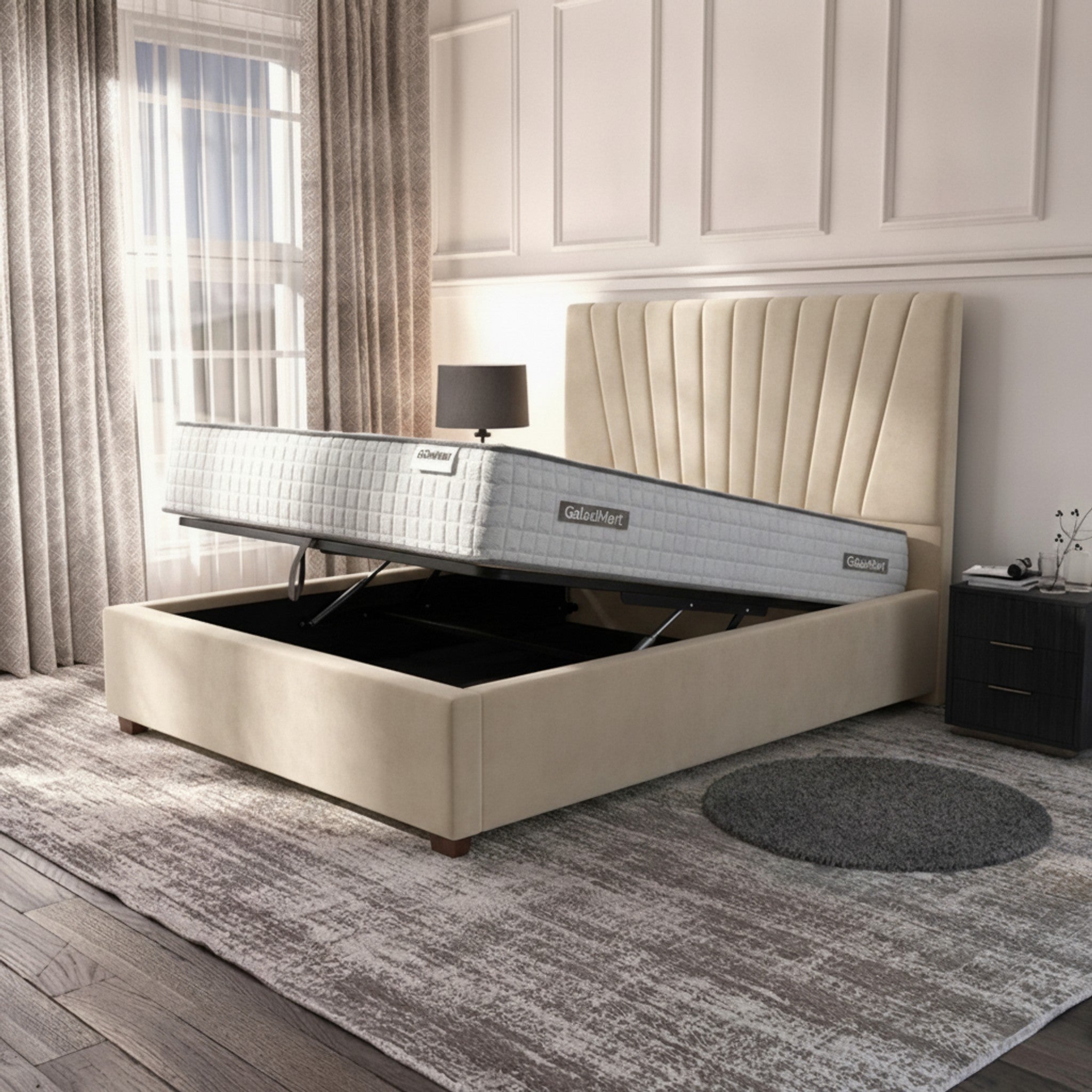 Cream Deco Panel Ottoman Bed with Gas-Lift Storage