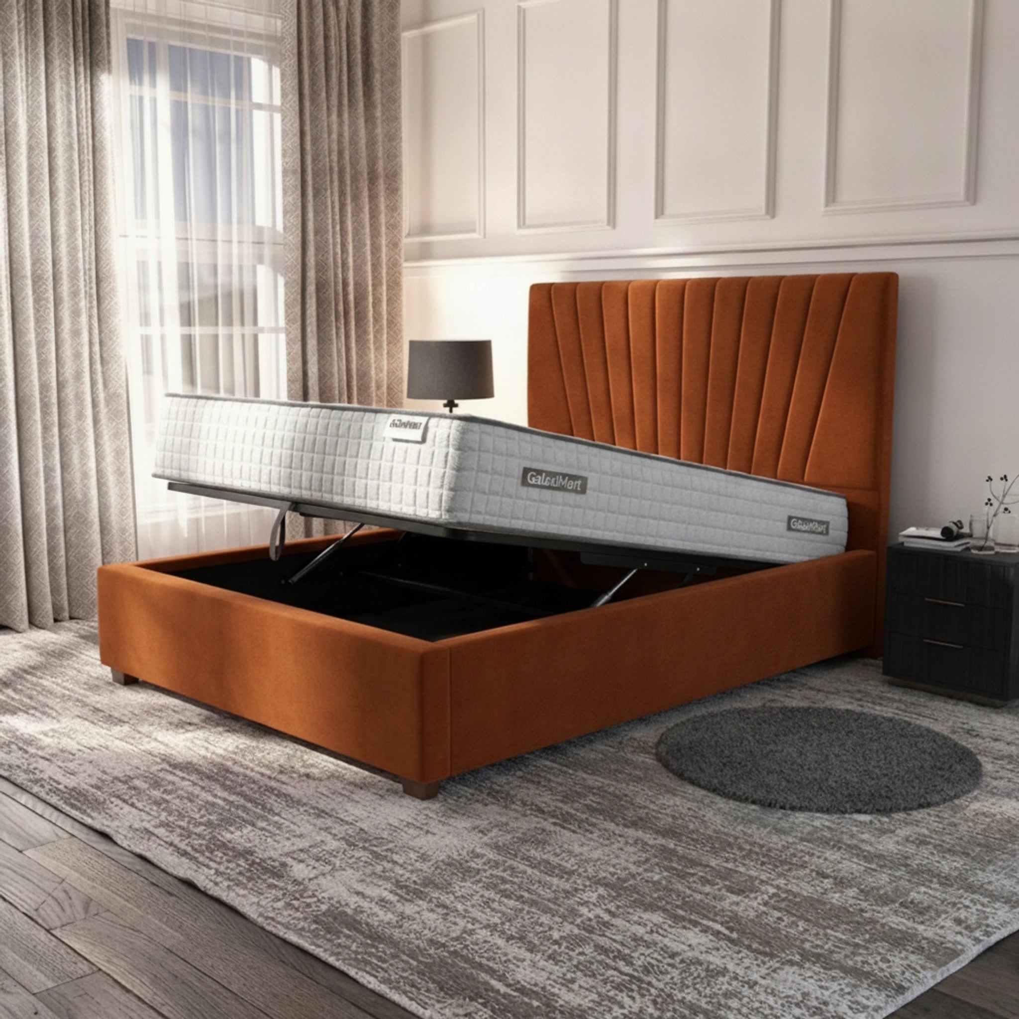 Burnt Orange Deco Panel Ottoman Bed