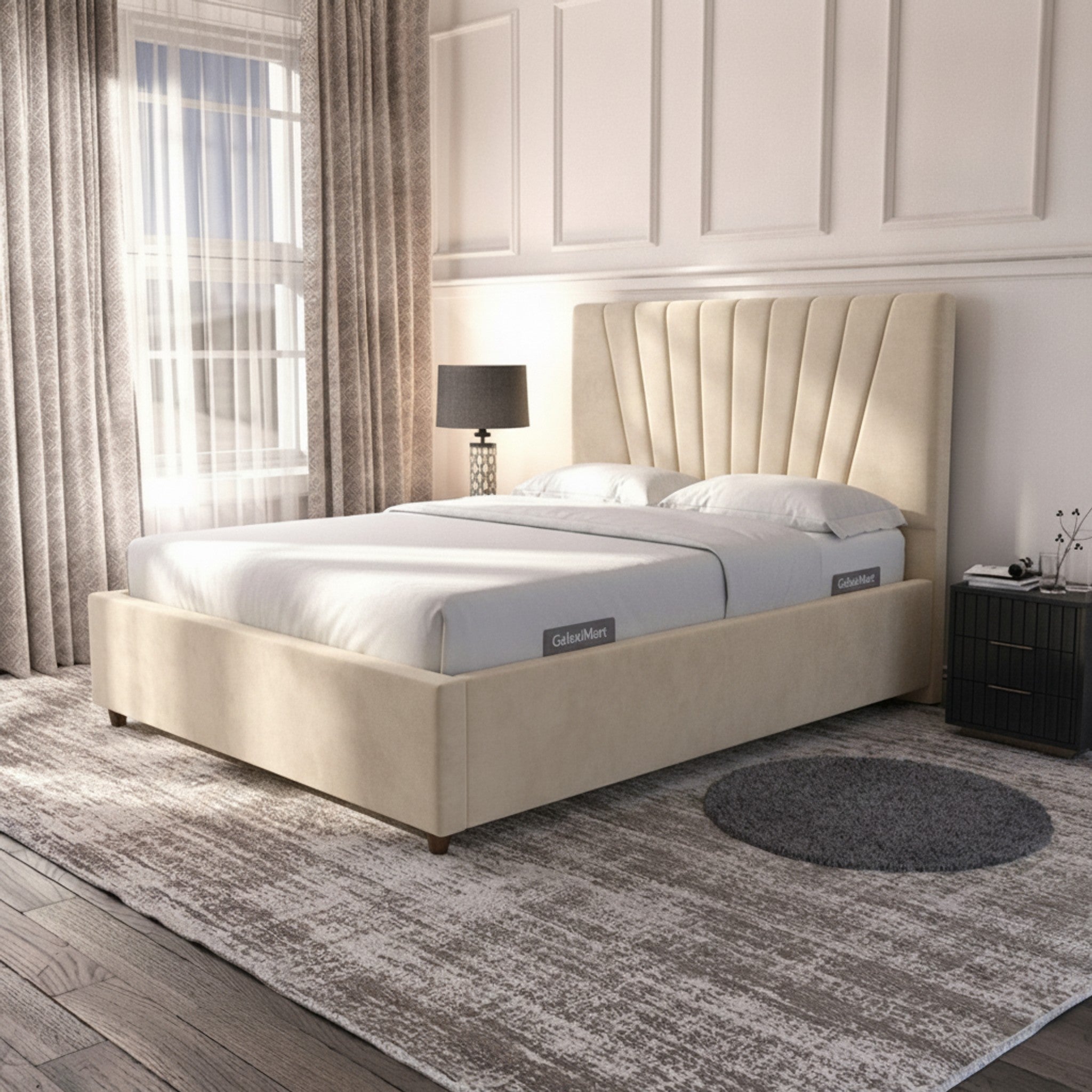 Cream Deco Panel Ottoman Bed with Gas-Lift Storage