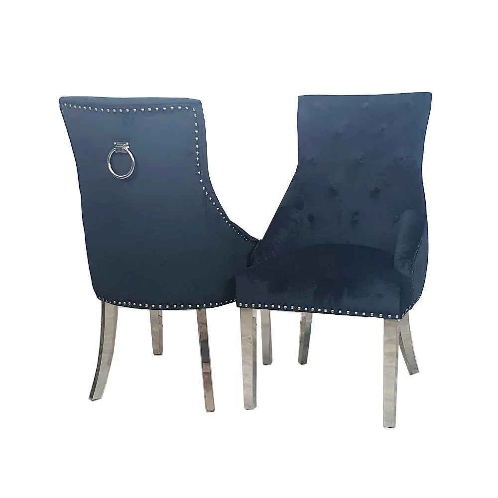 Arianna 150/180/200cm Grey Marble Dining Table with Darcy Ring Knocker Velvet Dining Chairs