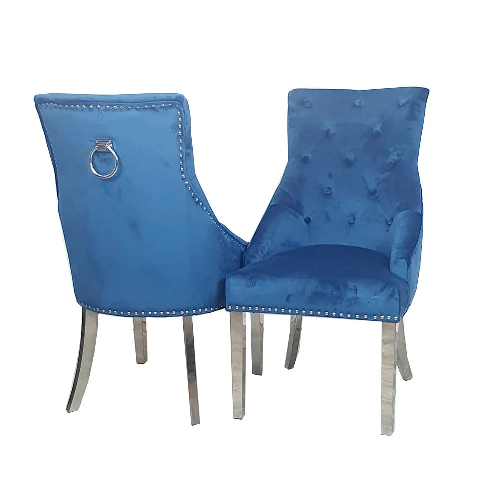 Arianna 150/180/200cm Grey Marble Dining Table with Darcy Ring Knocker Velvet Dining Chairs