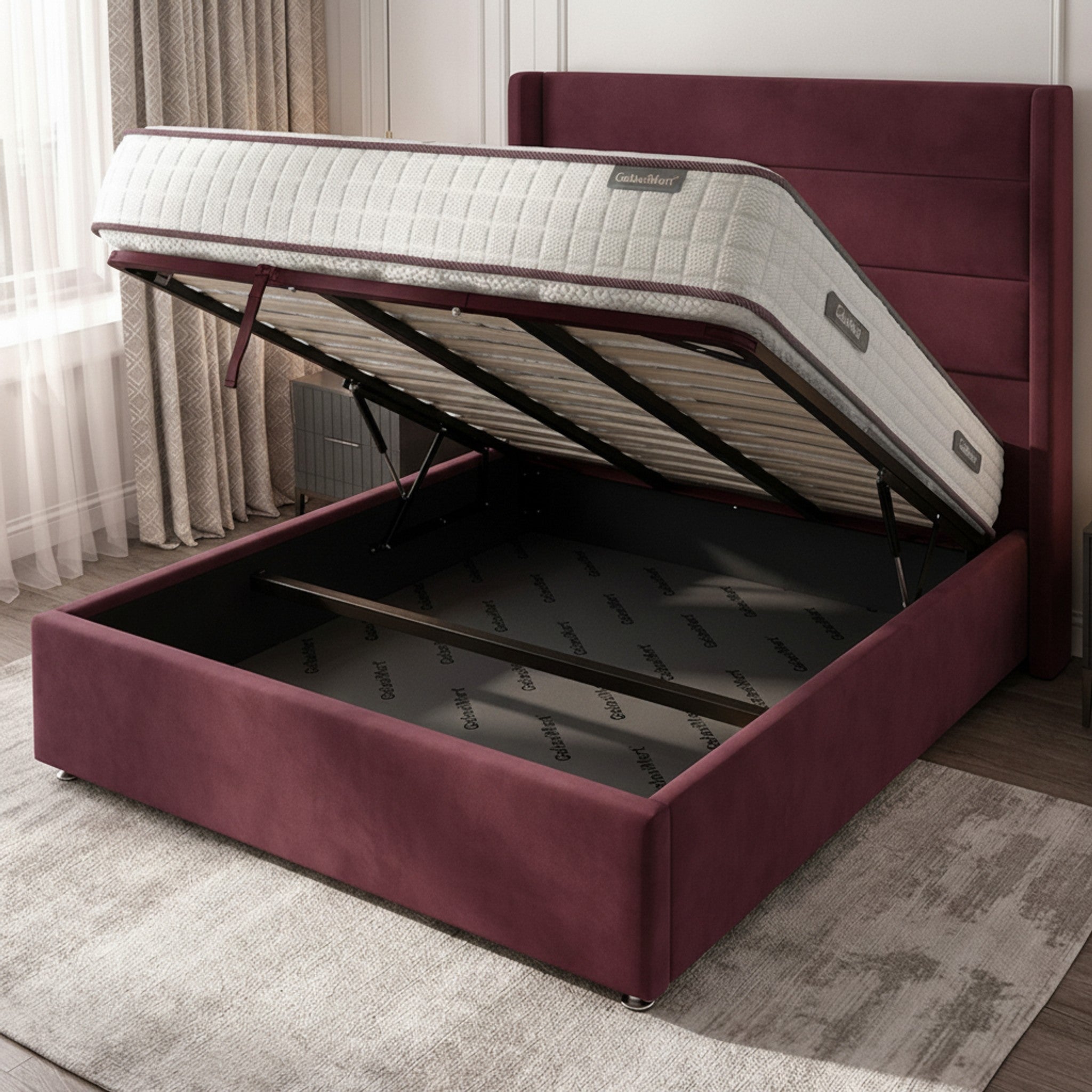 Claret Durham Ottoman Bed - Gas-Lift Storage