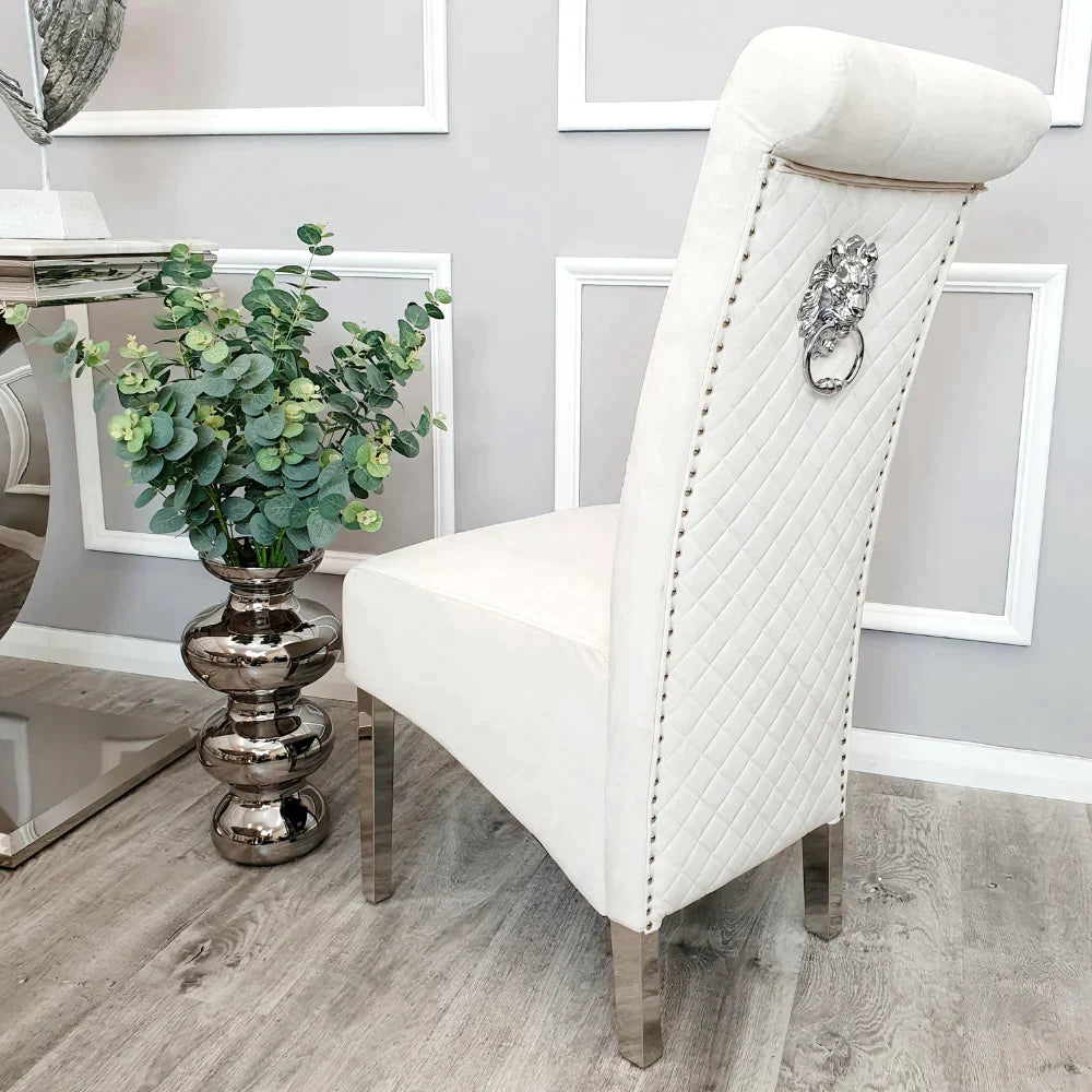 Arianna Marble & Chrome Dining Table with Lucy Slim Quilted Lion Knocker Velvet Dining Chairs – Luxury Dining Set