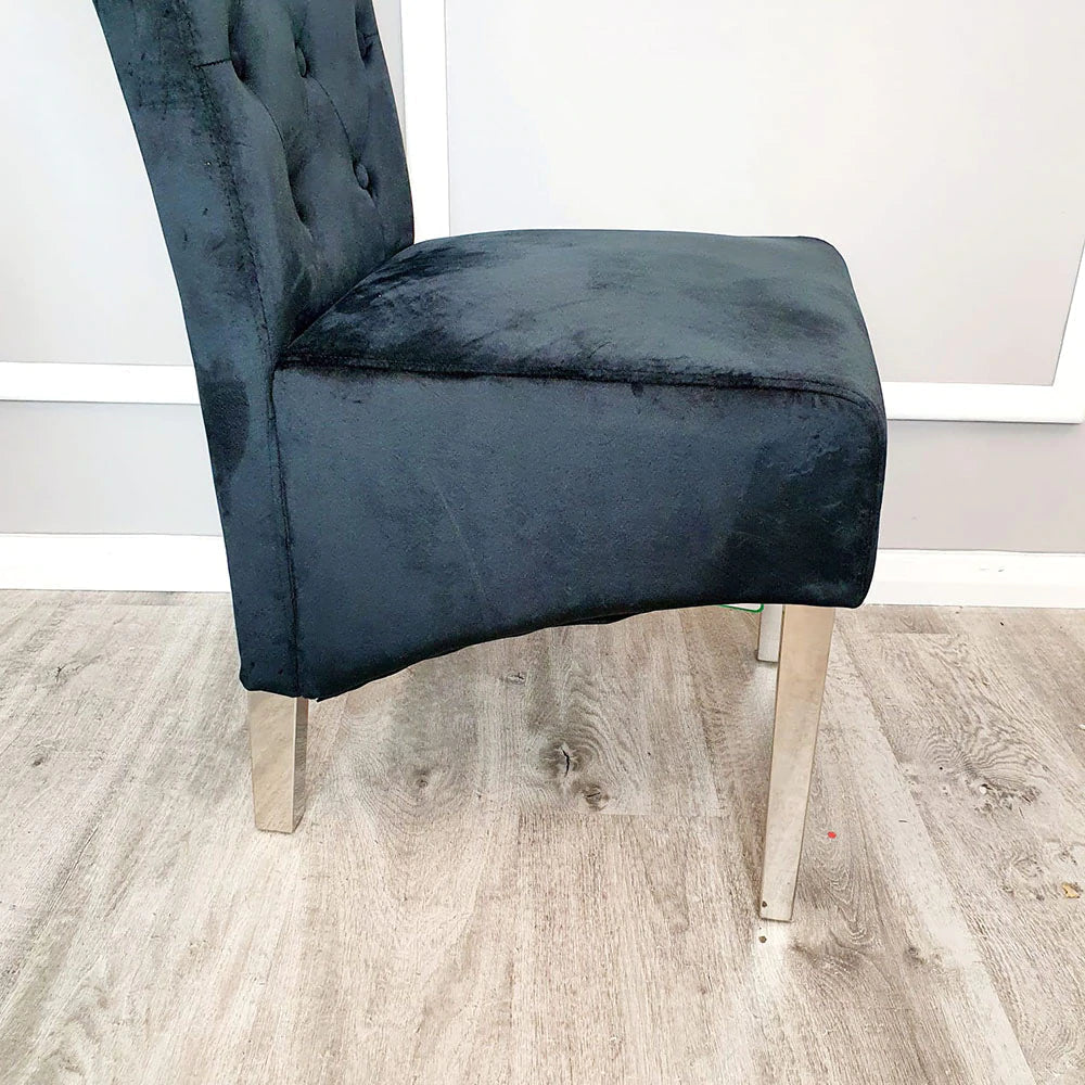 Arianna 150cm Black Marble Dining Table With Sofia Lion Knocker Plush Velvet Dining Chairs