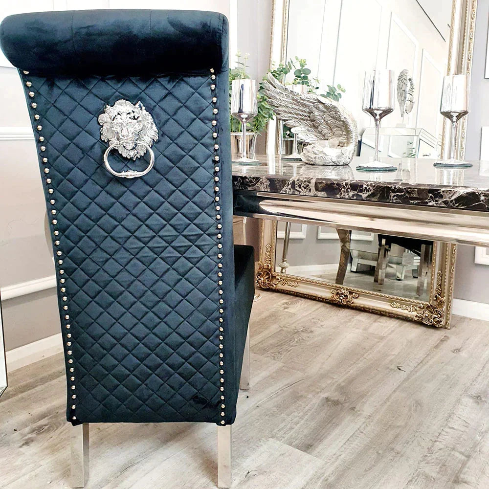Arianna Marble & Chrome Dining Table with Lucy Slim Quilted Lion Knocker Velvet Dining Chairs – Luxury Dining Set