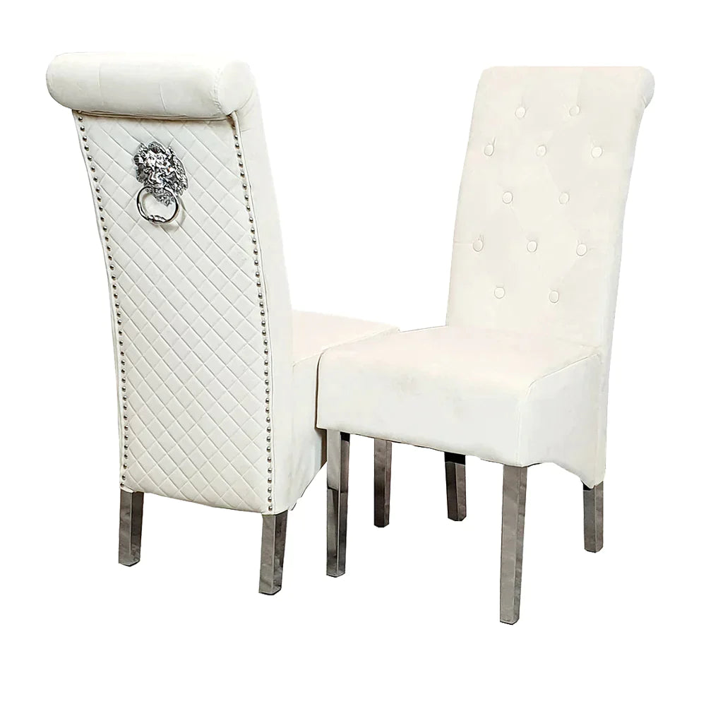 Arianna Marble & Chrome Dining Table with Lucy Slim Quilted Lion Knocker Velvet Dining Chairs – Luxury Dining Set