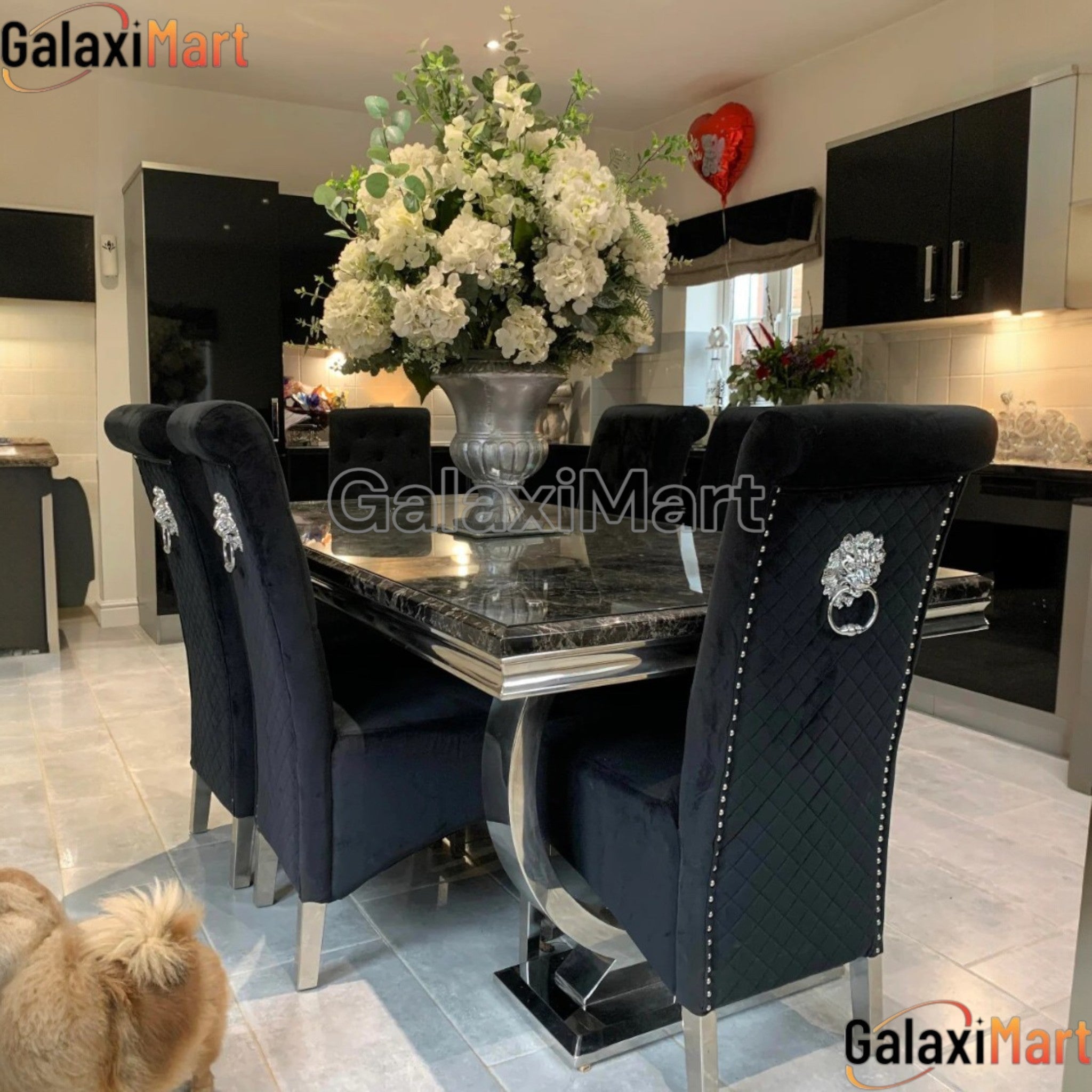 Arianna 150cm Black Marble Dining Table With Sofia Lion Knocker Plush Velvet Dining Chairs