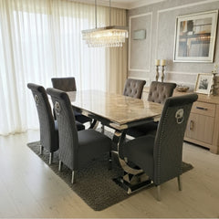 Arianna 180cm Grey Marble Dining Table with Sofia Grey Lion Knocker Plush Velvet Dining Chairs