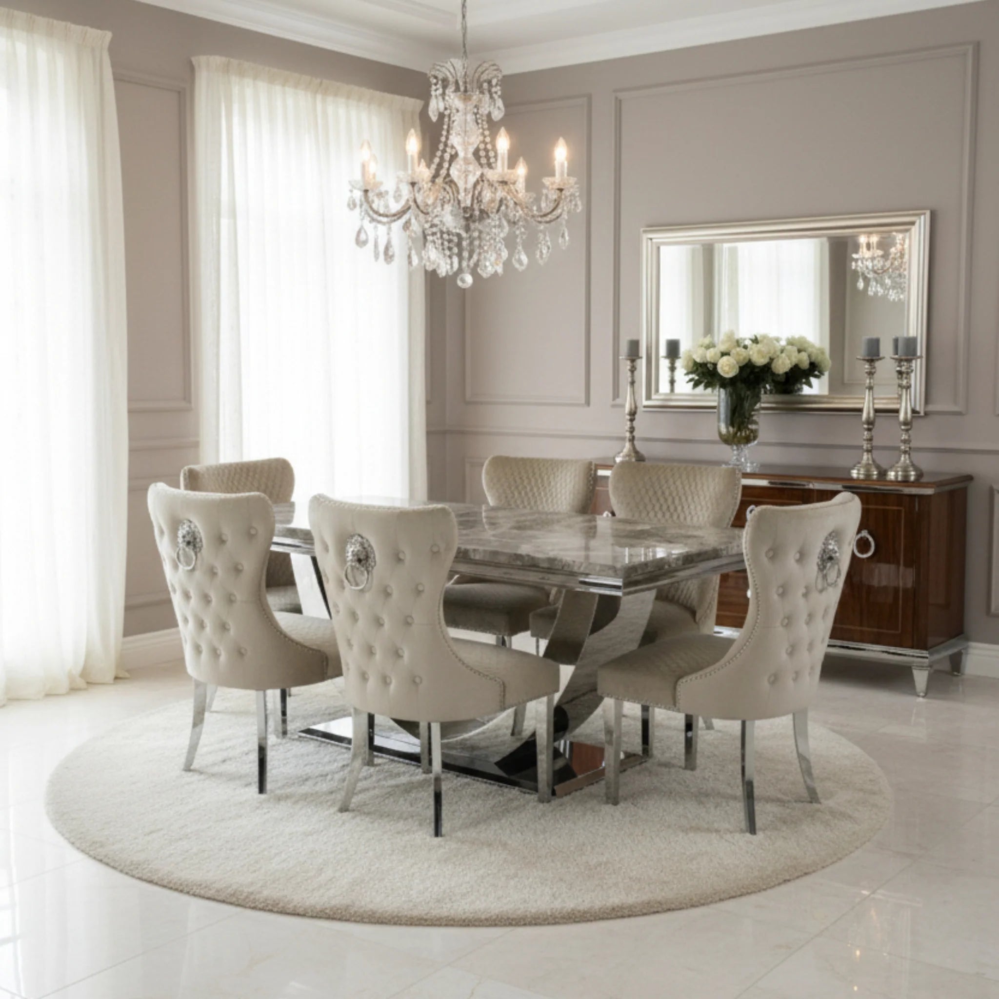 Arial Mixed Brown Marble Dining Table +London Button Back Lion Knocker Dining Chairs
