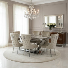 Arial Mixed Brown Marble Dining Table +London Button Back Lion Knocker Dining Chairs