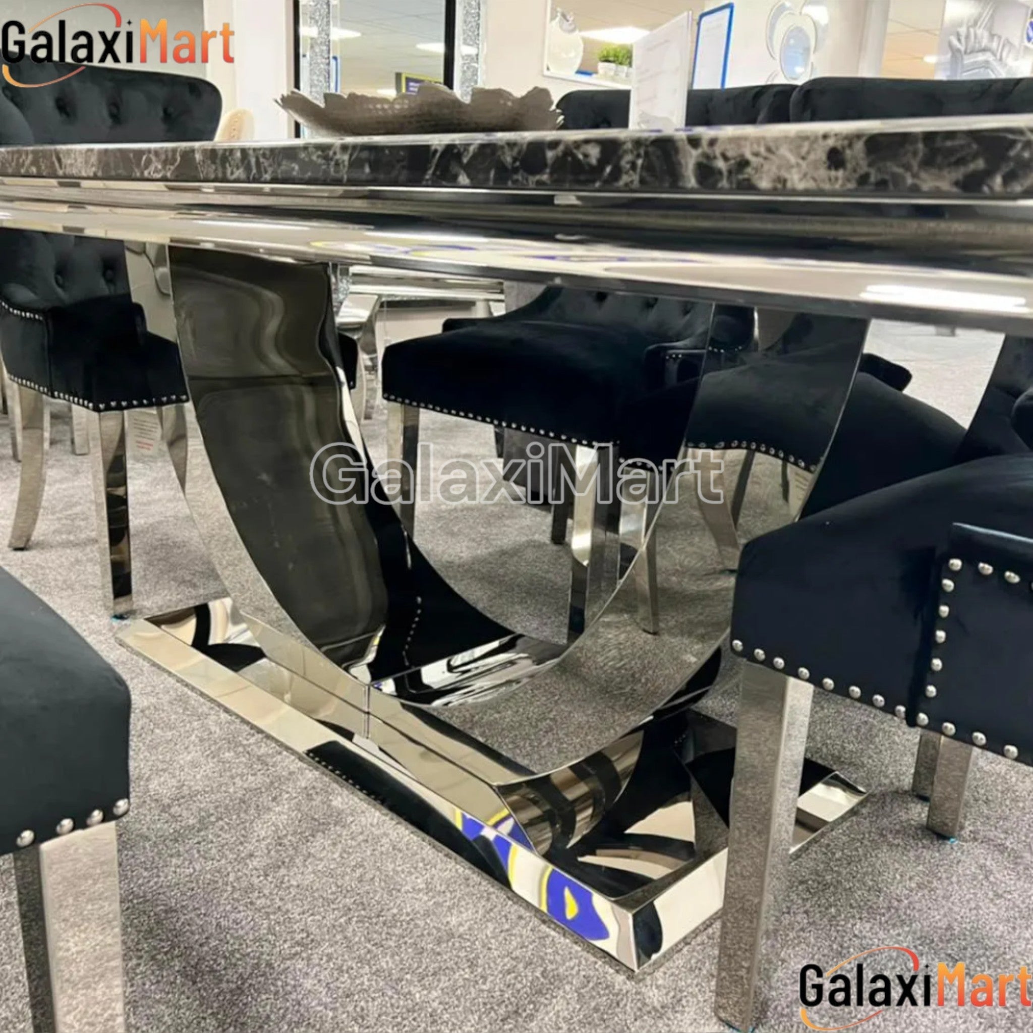 Ariel Black Marble Dining Table with Megan Lion Knocker Plain Back Velvet Dining Chairs