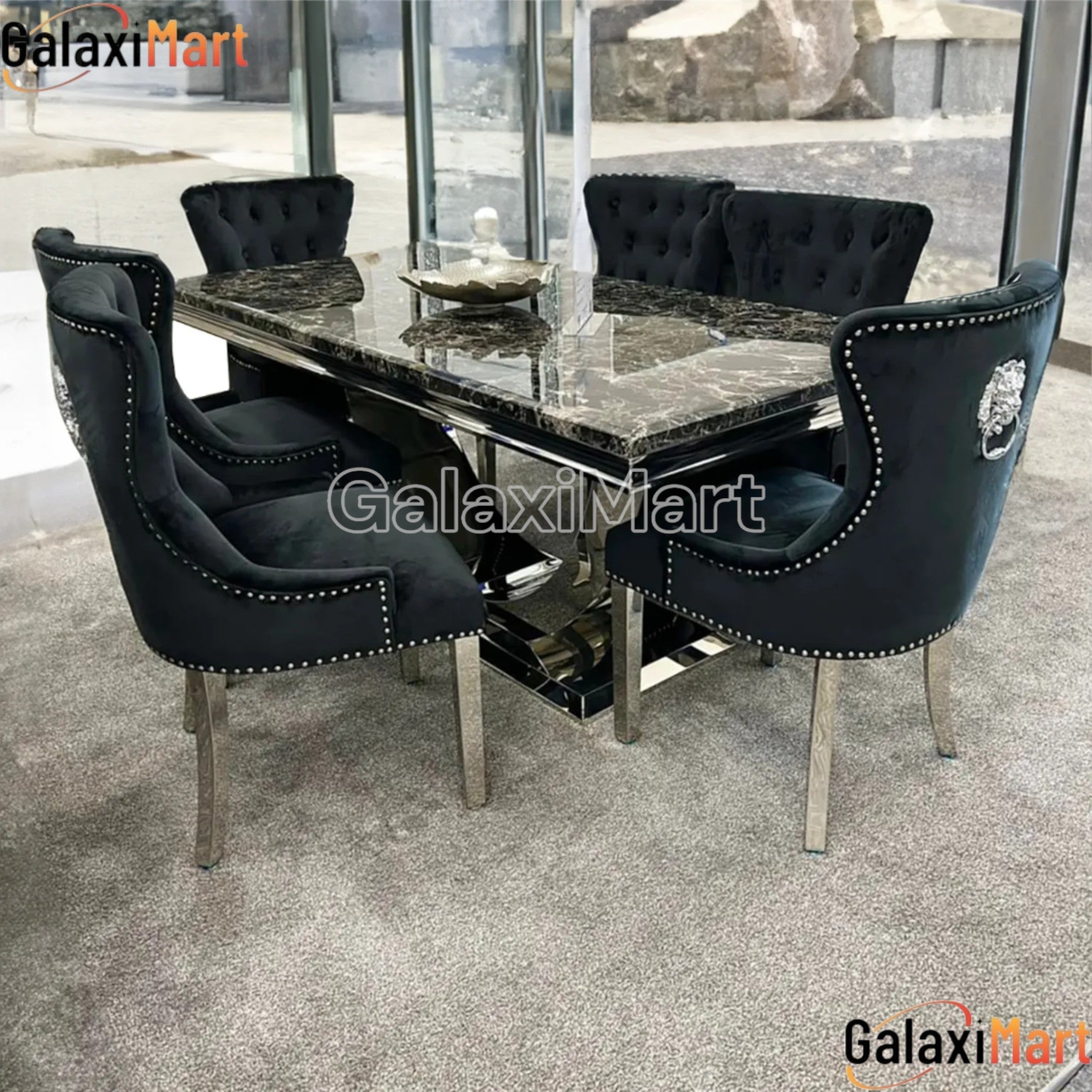 Ariel Black Marble Dining Table with Megan Lion Knocker Plain Back Velvet Dining Chairs
