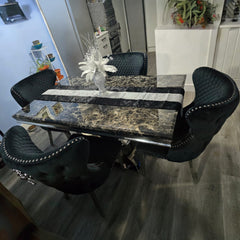 Ariel 150cm / 180cm / 200cm Black Marble Dining Table with Valentino Tufted Lion Knocker Black Velvet Dining Chairs
