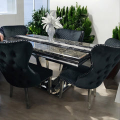 Ariel 150cm / 180cm / 200cm Black Marble Dining Table with Valentino Tufted Lion Knocker Black Velvet Dining Chairs