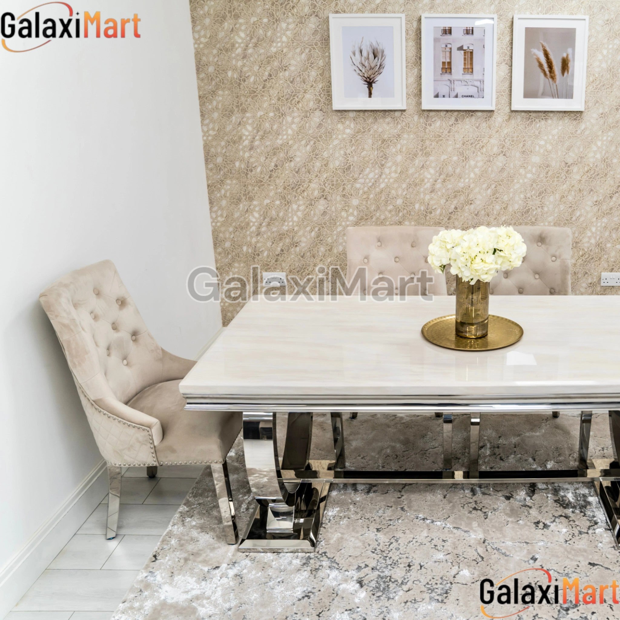 Arianna Cream Marble Dining Table with Mink Lion Knocker Velvet Dining Chairs and High Back Bench – Luxury Dining Set