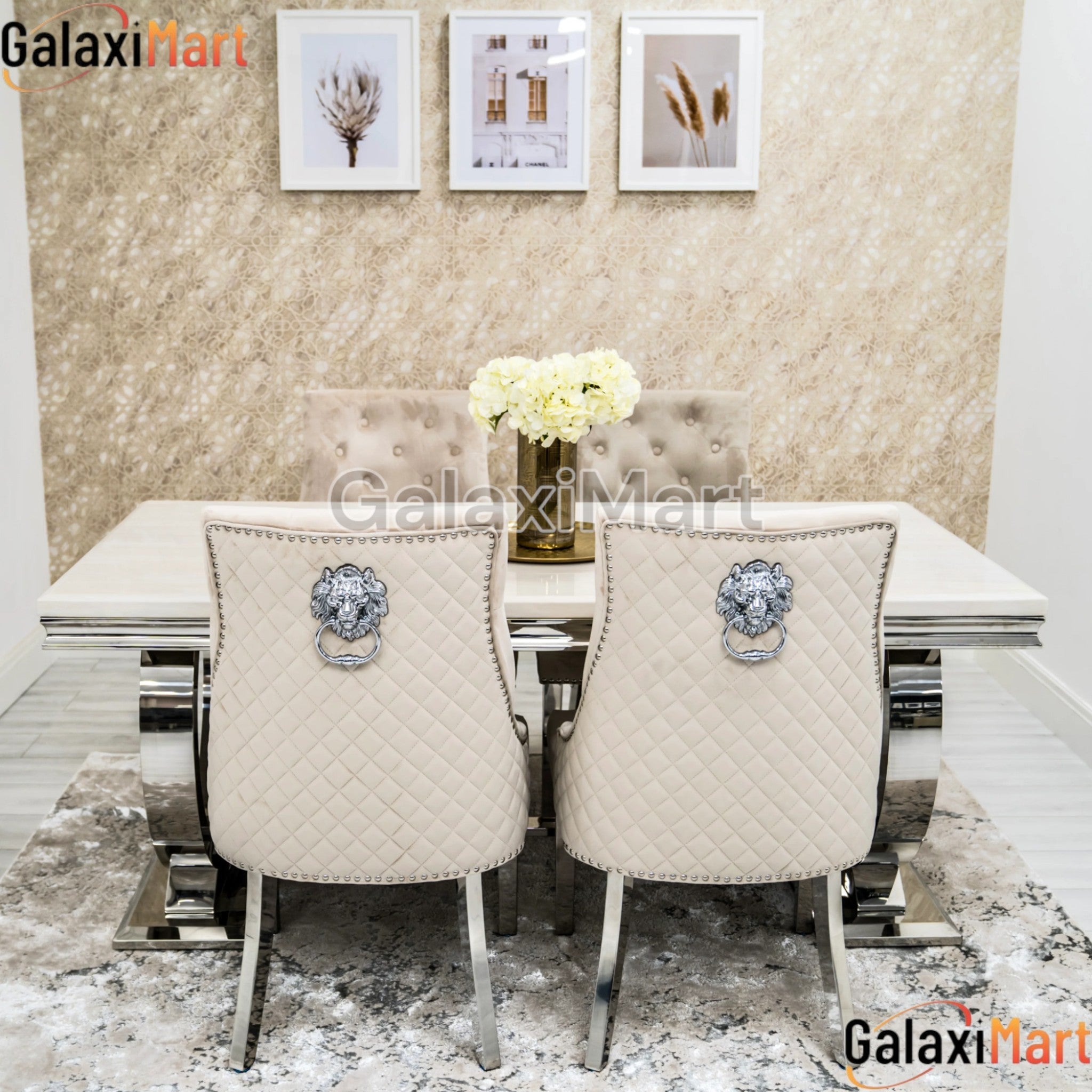 Arianna Cream Marble Dining Table with Mink Lion Knocker Velvet Dining Chairs and High Back Bench – Luxury Dining Set