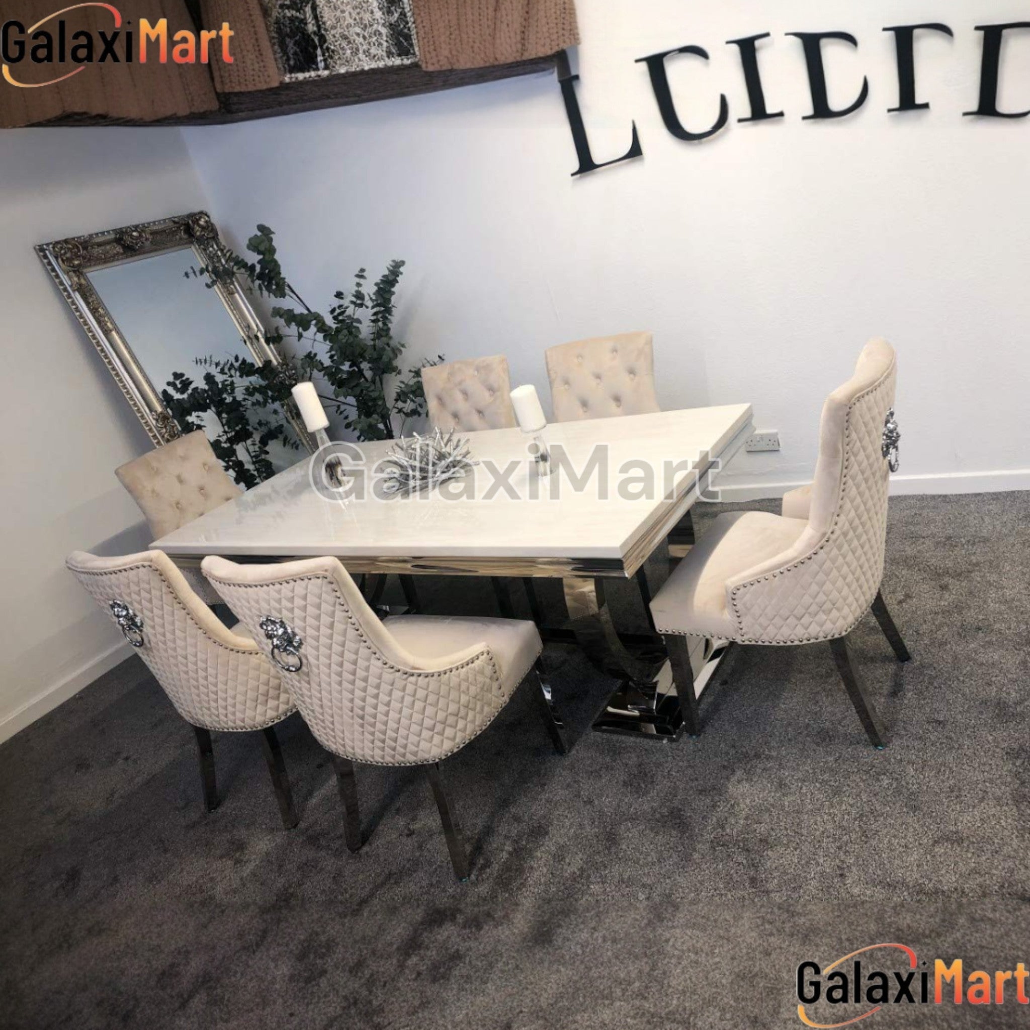 Arianna Cream Marble Dining Table with Mink Lion Knocker Velvet Dining Chairs and High Back Bench – Luxury Dining Set