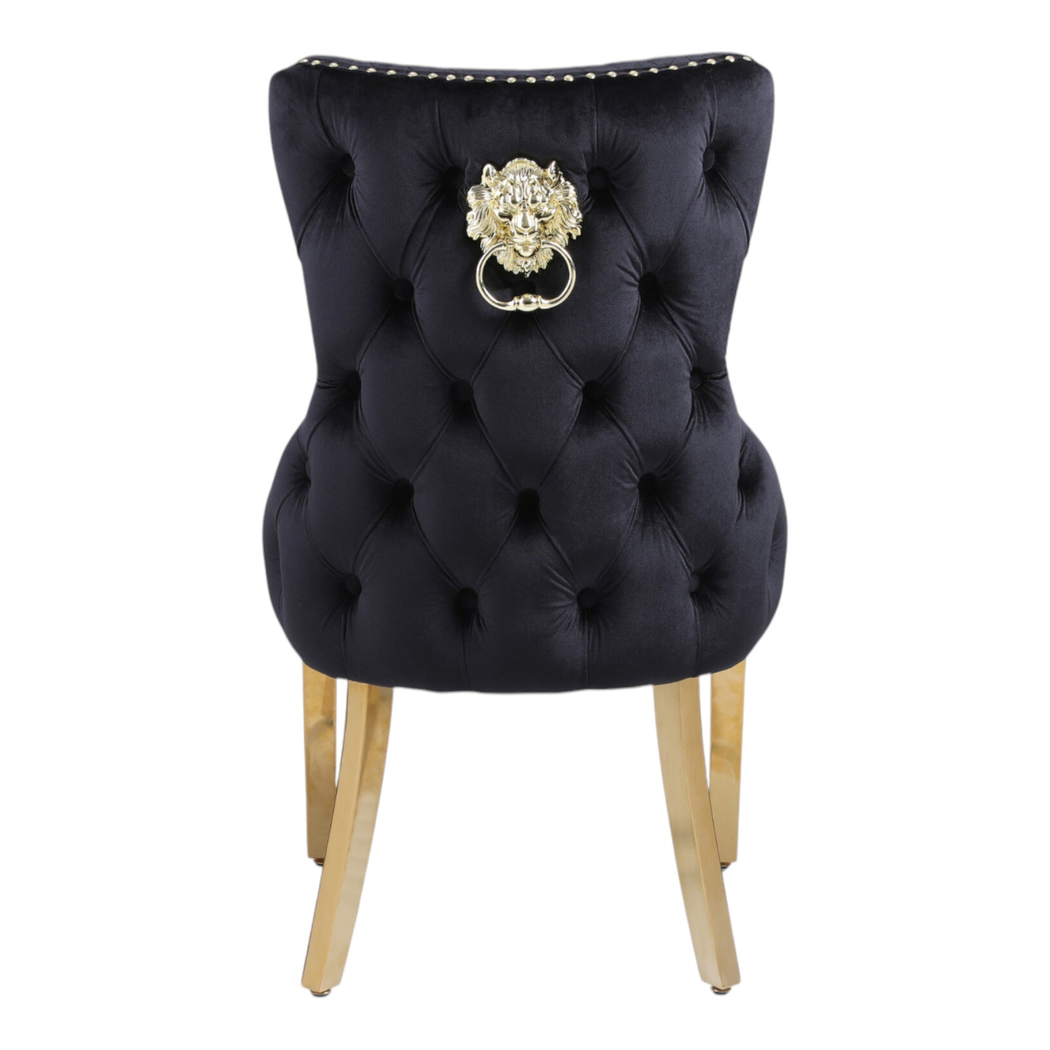 180cm Revello Black & Gold Marble Dining Table with Victoria Gold Lion Knocker Buttoned Back Velvet Chairs
