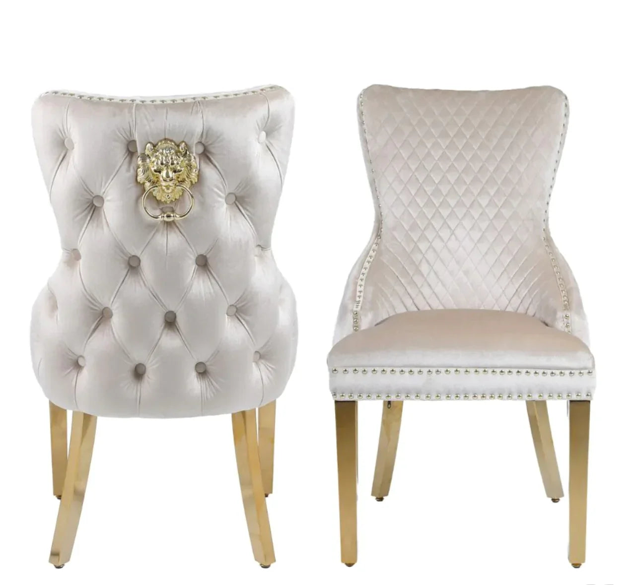 180cm Revello Black & Gold Marble Dining Table with Victoria Gold Lion Knocker Buttoned Back Velvet Chairs