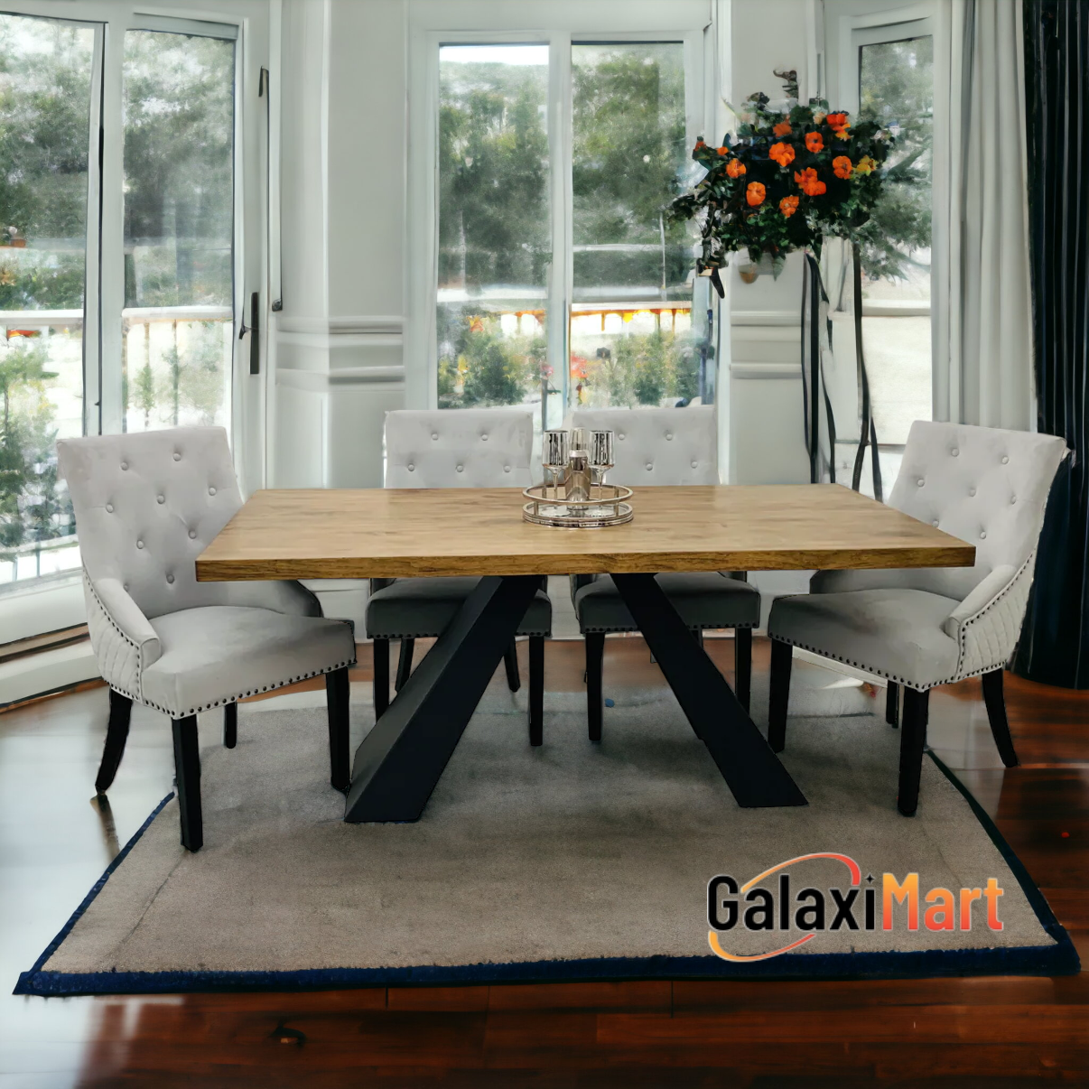 Axel 180cm Oka Wooden Top Dining Table With Set of Majestic Ring Knocker Dining Chairs