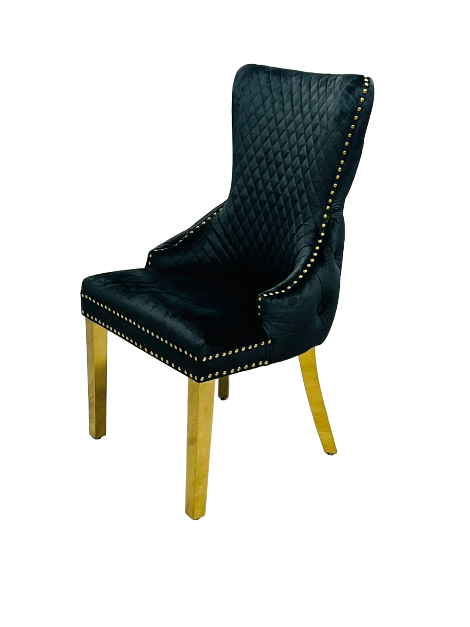 180cm Revello Black & Gold Marble Dining Table with Victoria Gold Lion Knocker Buttoned Back Velvet Chairs