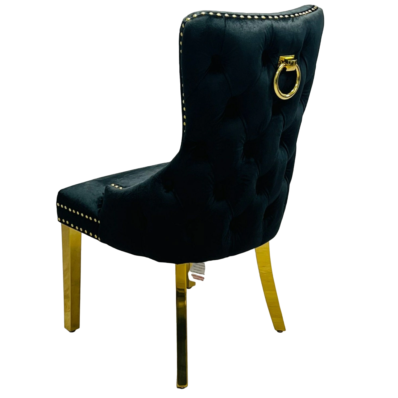 180cm Revello Black & Gold Marble Dining Table with Victoria Gold Lion Knocker Buttoned Back Velvet Chairs