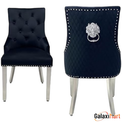 Ariaana 150cm + 180cm + 200cm White Marble Dining Table With Majestic Lion Knocker Black Velvet Dining Chairs