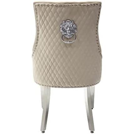 Arianna Cream Marble Dining Table with Mink Lion Knocker Velvet Dining Chairs and High Back Bench – Luxury Dining Set