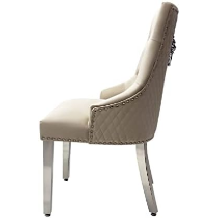 Arianna Cream Marble Dining Table with Mink Lion Knocker Velvet Dining Chairs and High Back Bench – Luxury Dining Set